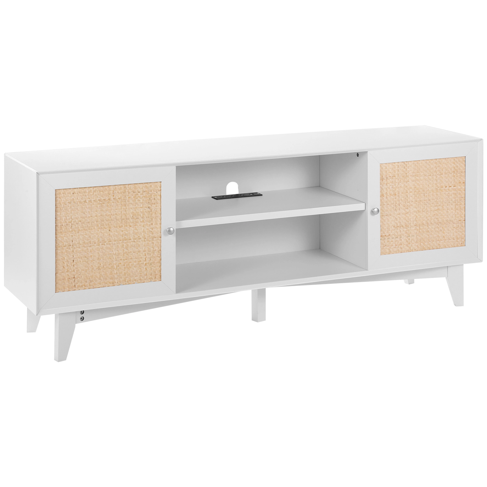 HONGGE Rattan TV Stand for TV Boho TV Stand with Rattan with Build-in Socket Modern TV for Living Room Media Room