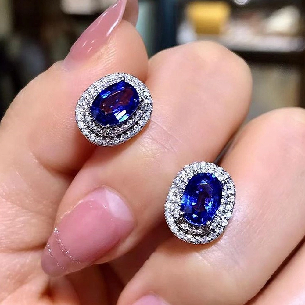 Exquisite Oval Blue Zirconia Halo Stud Earrings for Women