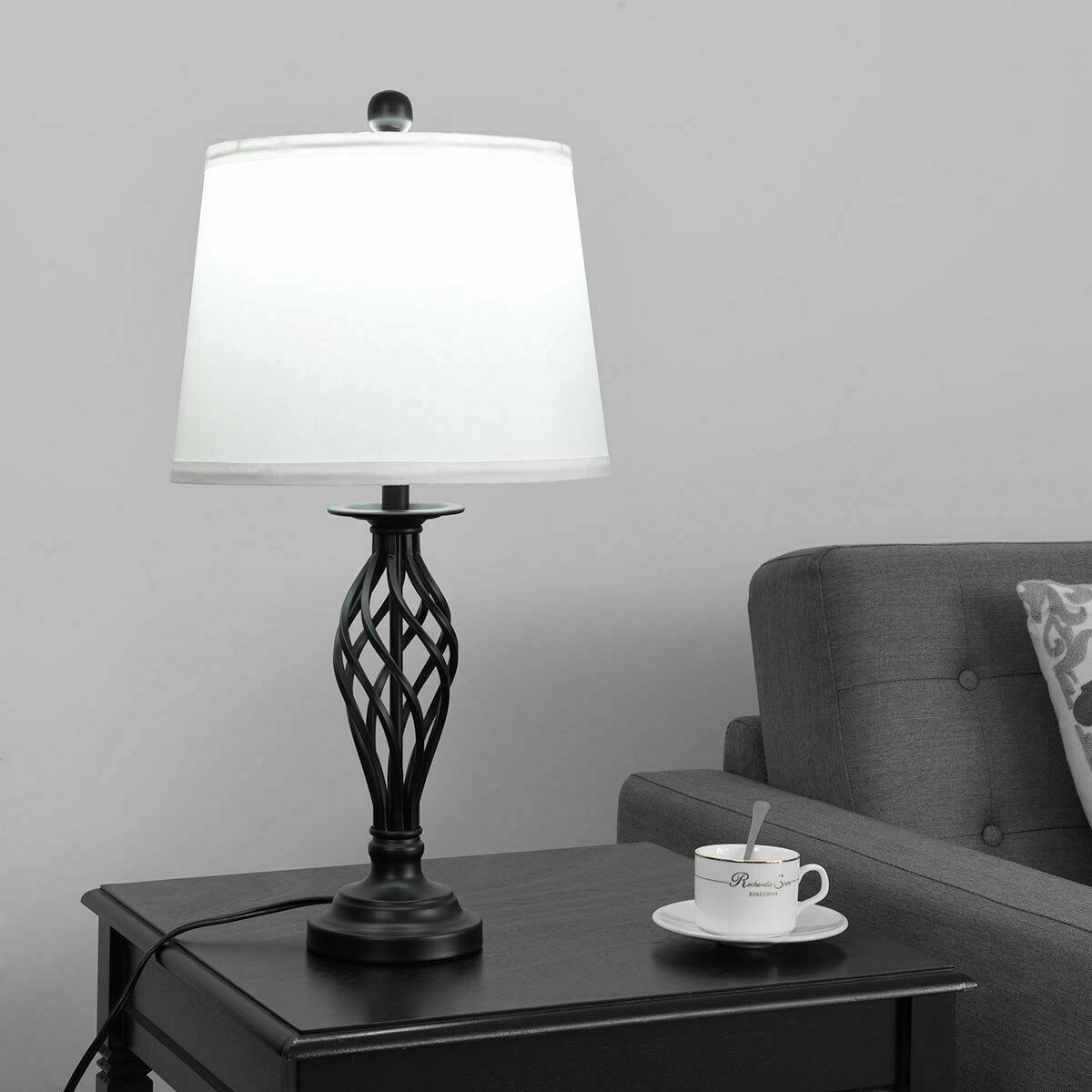 Slickblue 3 Piece Lighting Set Floor Lamp and Table Lamps Antique Bronze Fabric Shade