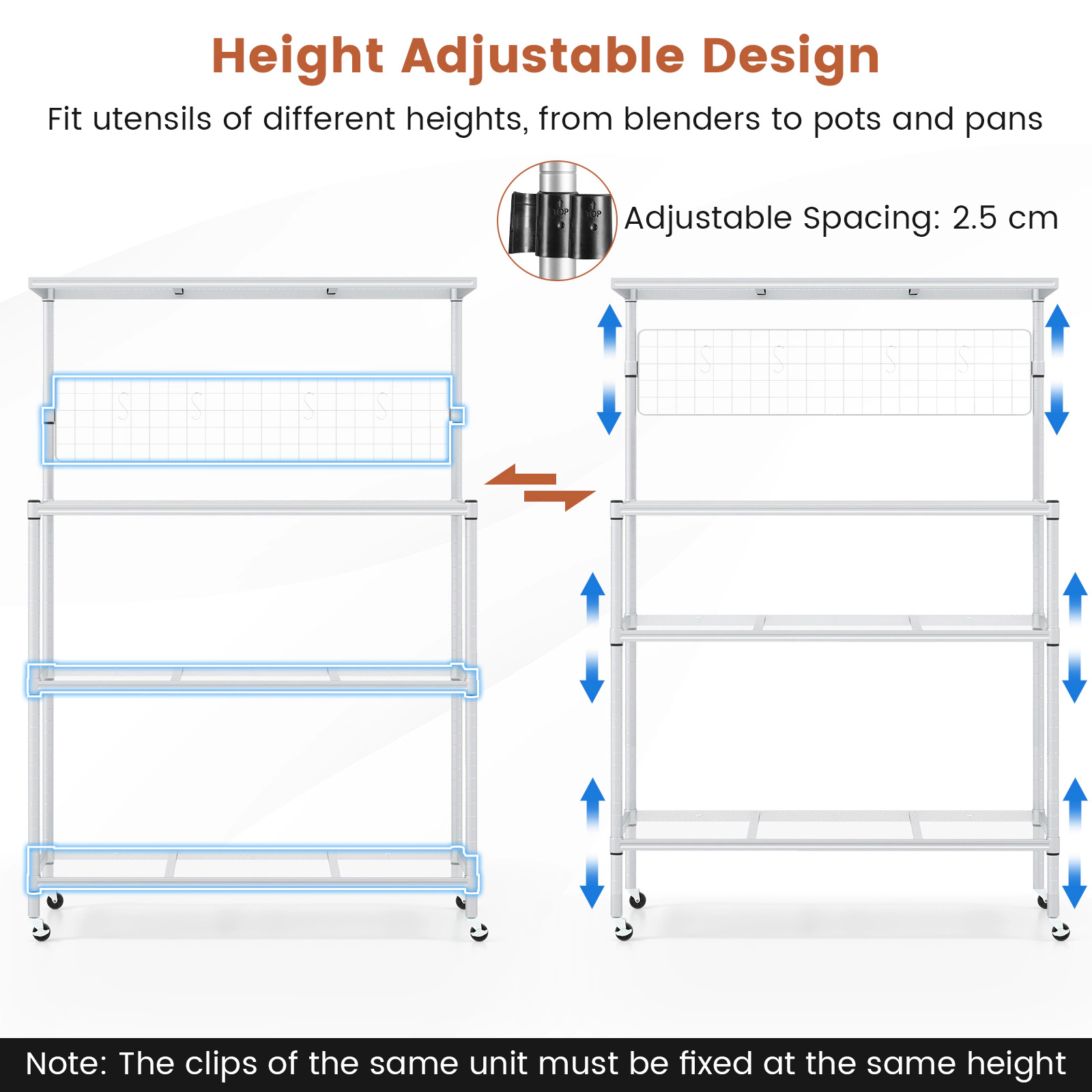 SUGIFT 4-Tier Bakers Rack Silver on Wheels with Adjustable Shelves and Hanging Net