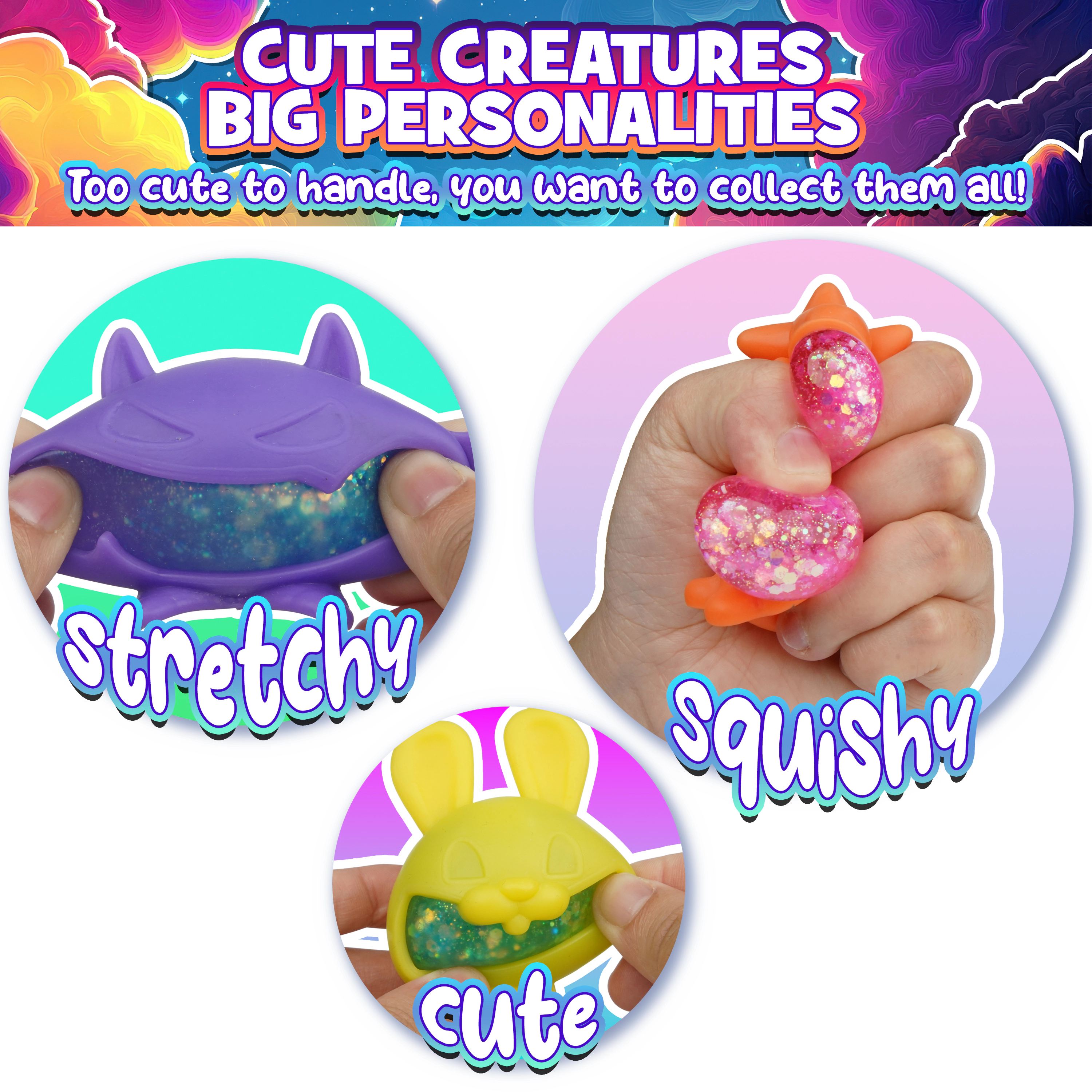 Power Your Fun Glitter Gobblers Squishy 6 pack Fidget Toys for Kids