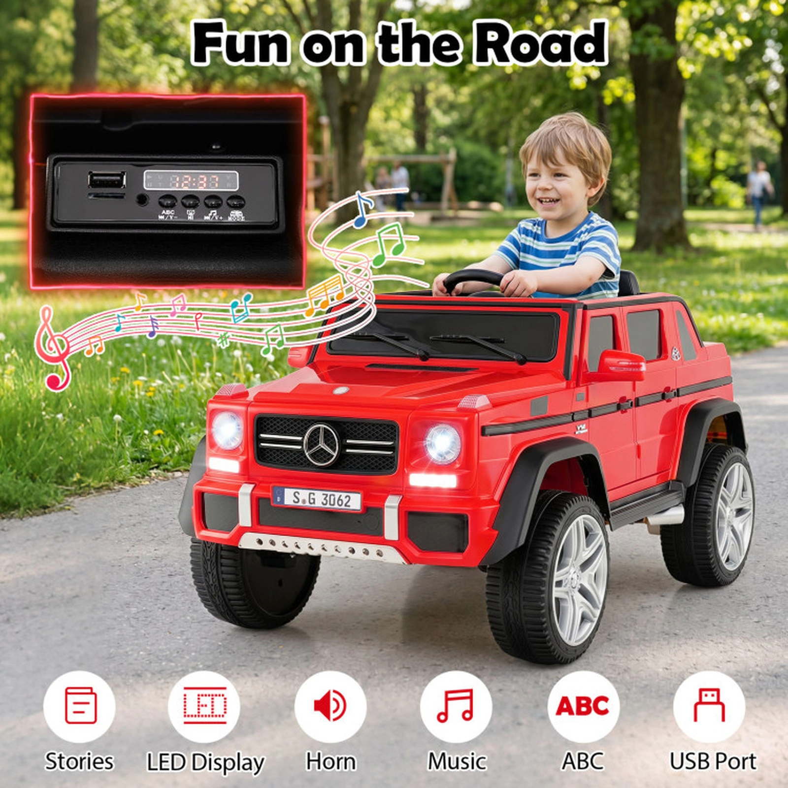 SUGIFT 12V Mercedes-Benz Kids Ride-On Car 66-lb Capacity Ages 3-6 45-in Long 12V Battery Remote Control & Music Red