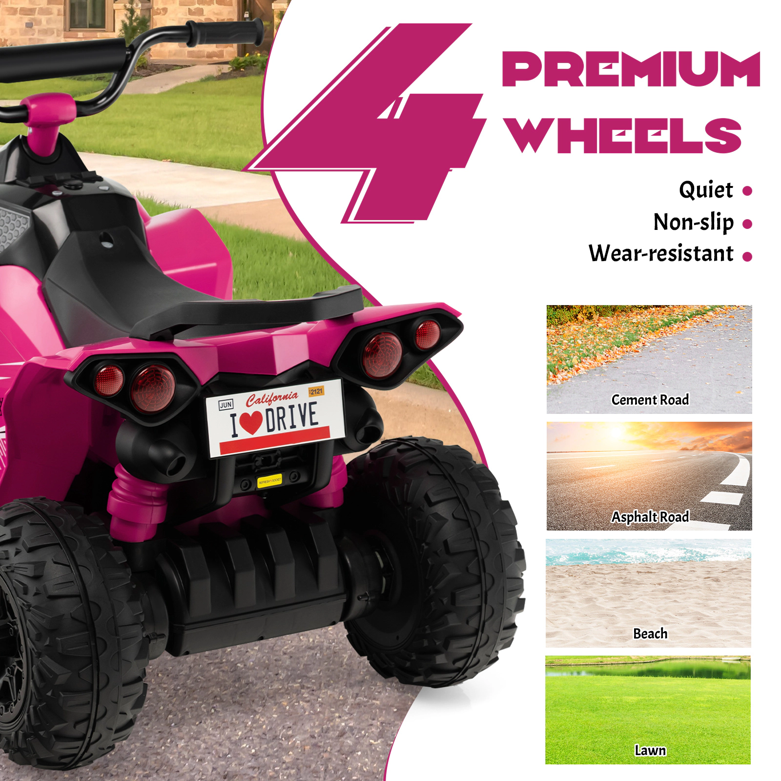 SUGIFT 12V Kids Ride On ATV Pink 4-Wheeler with High Low Speed and Padded Seat