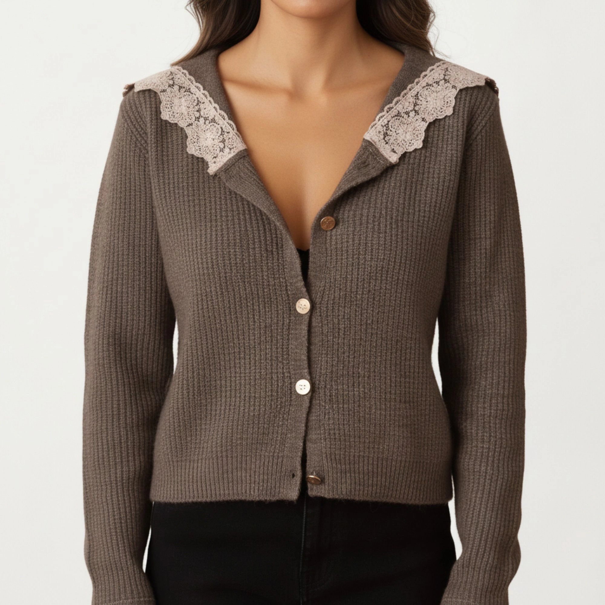 Anna-Kaci Women's Long Sleeve Ribbed Knit Top with Lace Trim Collar and Button Front Detail
