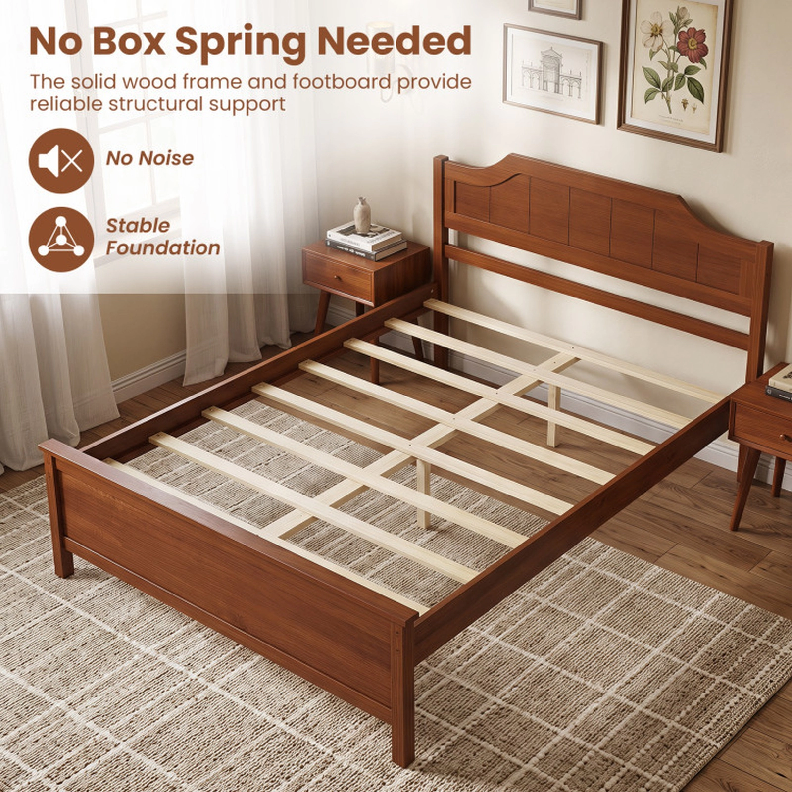 SUGIFT Walnut Arched Panel Headboard Solid Wood Platform Bed Frame