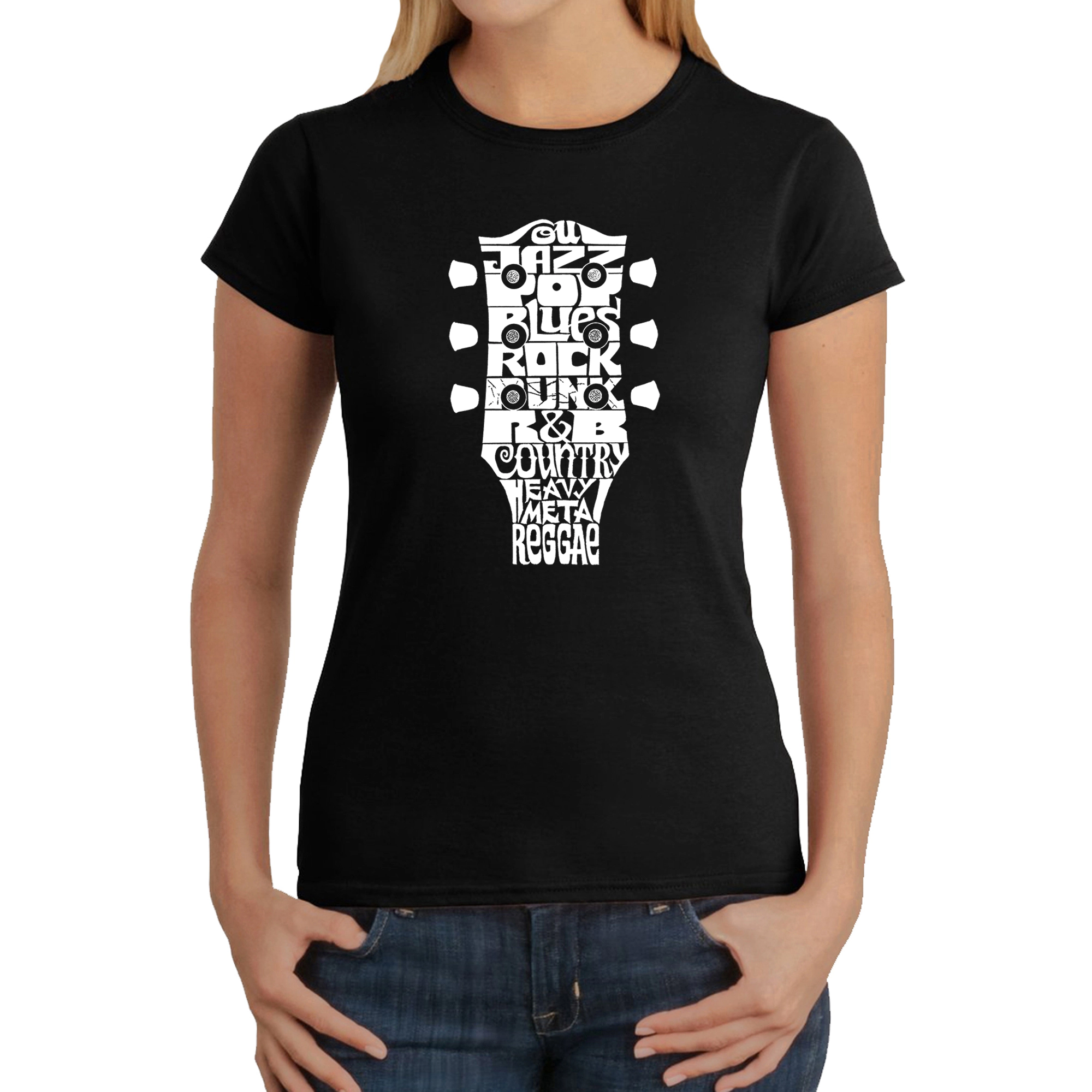 LA Pop Art Women's Word T-Shirt - Guitar Head Music Genres