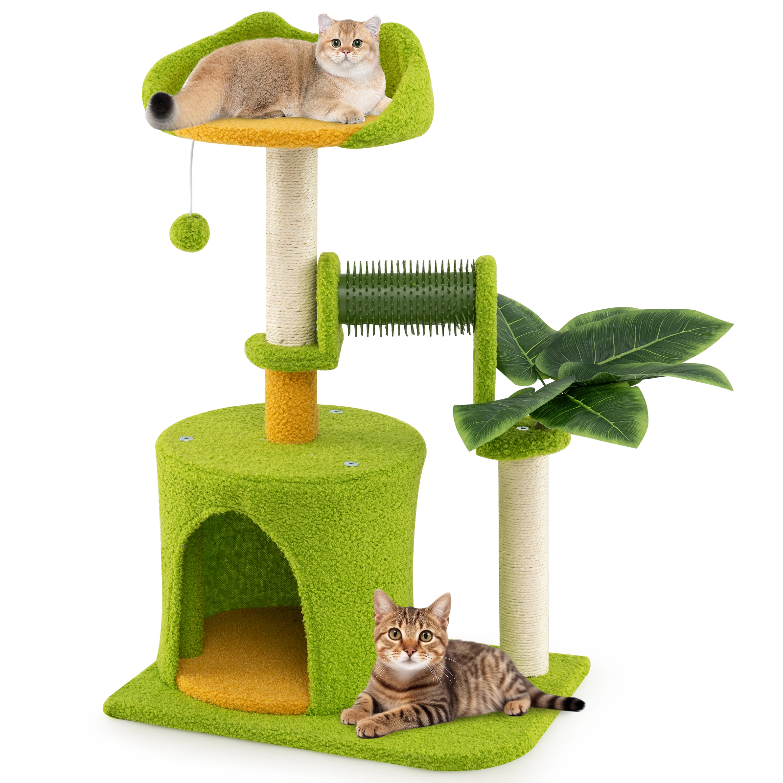 SUGIFT Green Palm Cat Tree for Indoor Cats with Artificial Leaves and Self-Groomer