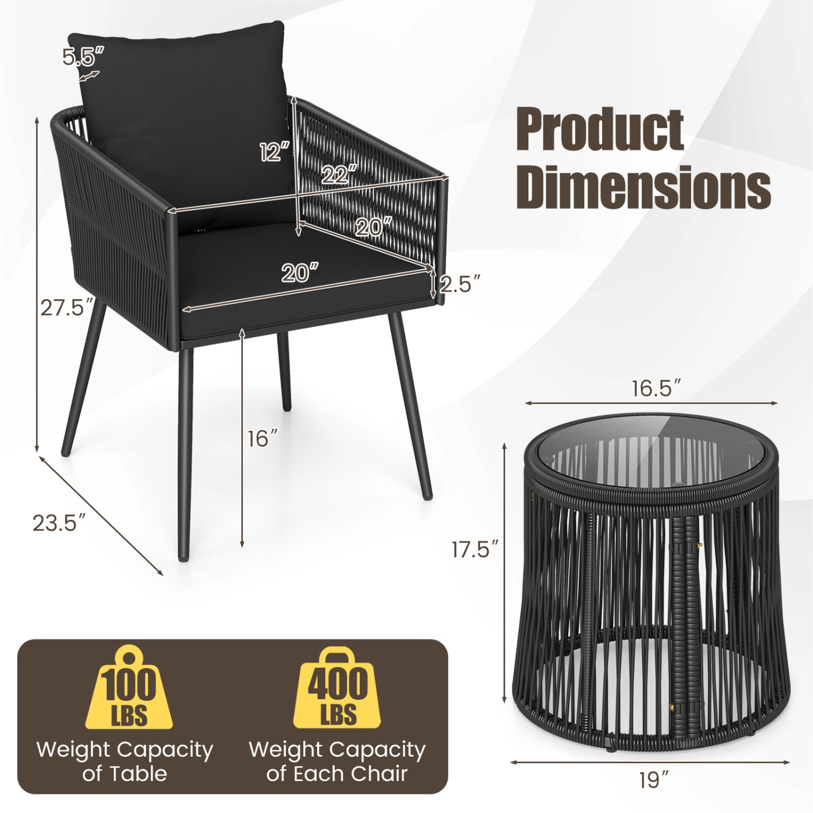SUGIFT Side Table and Cushions 3-Piece Black Round Wicker Patio Chair Set