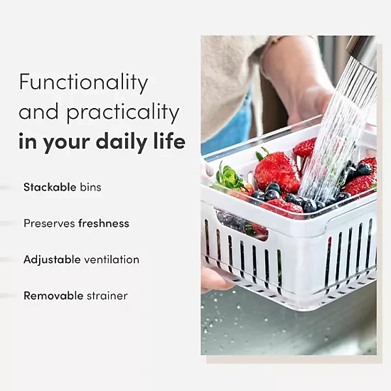 OU Fridge Food Organizer Bins w Vented Lid & Drain Tray, Clear Stackable Storage Container BPA Free 2 Pk (2.9qt + 5.3qt)
