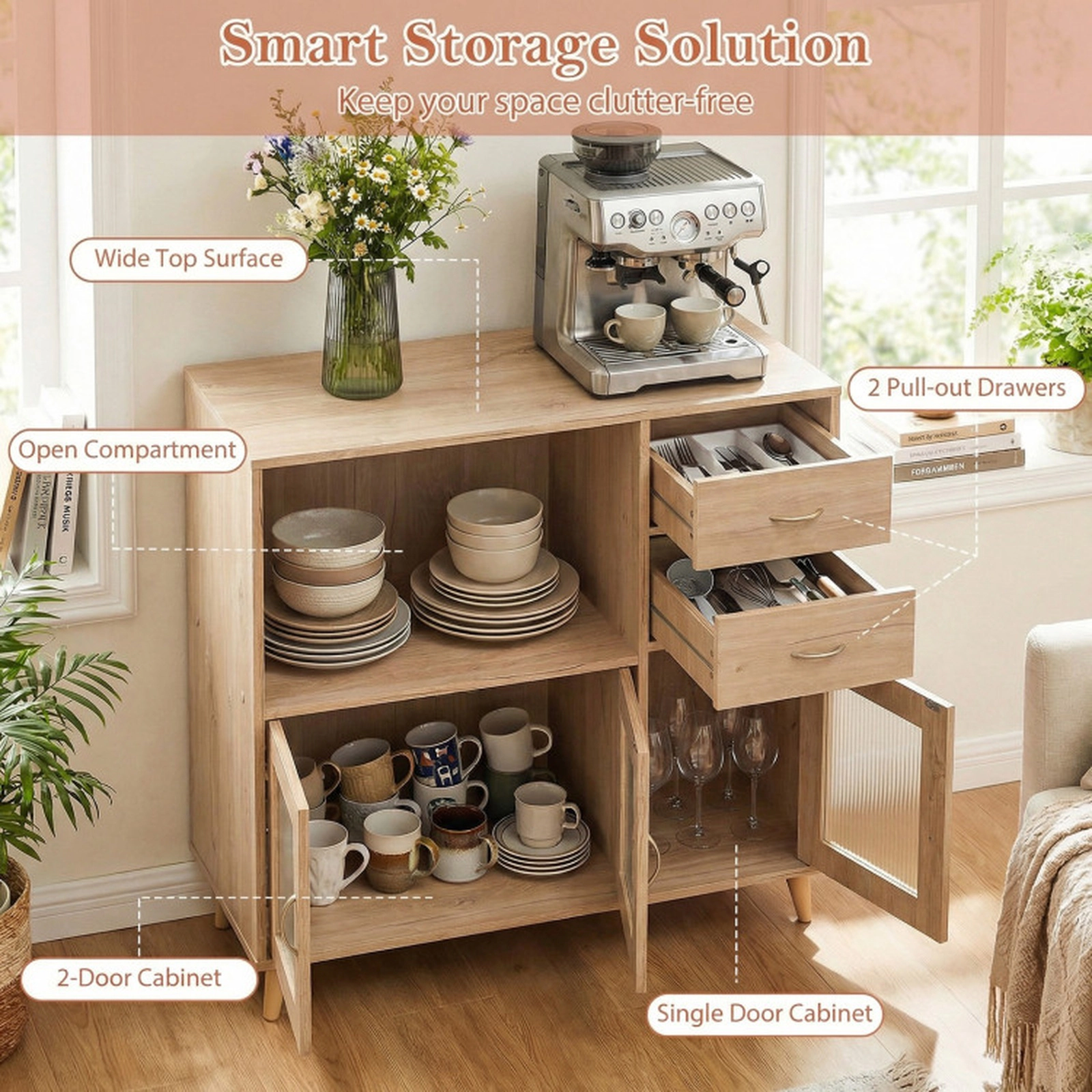 SUGIFT 2-Drawer Open Shelf Clear Doors Farmhouse Buffet Sideboard 36-in x 16-in x 35.5-in 330-lb Capacity Natural
