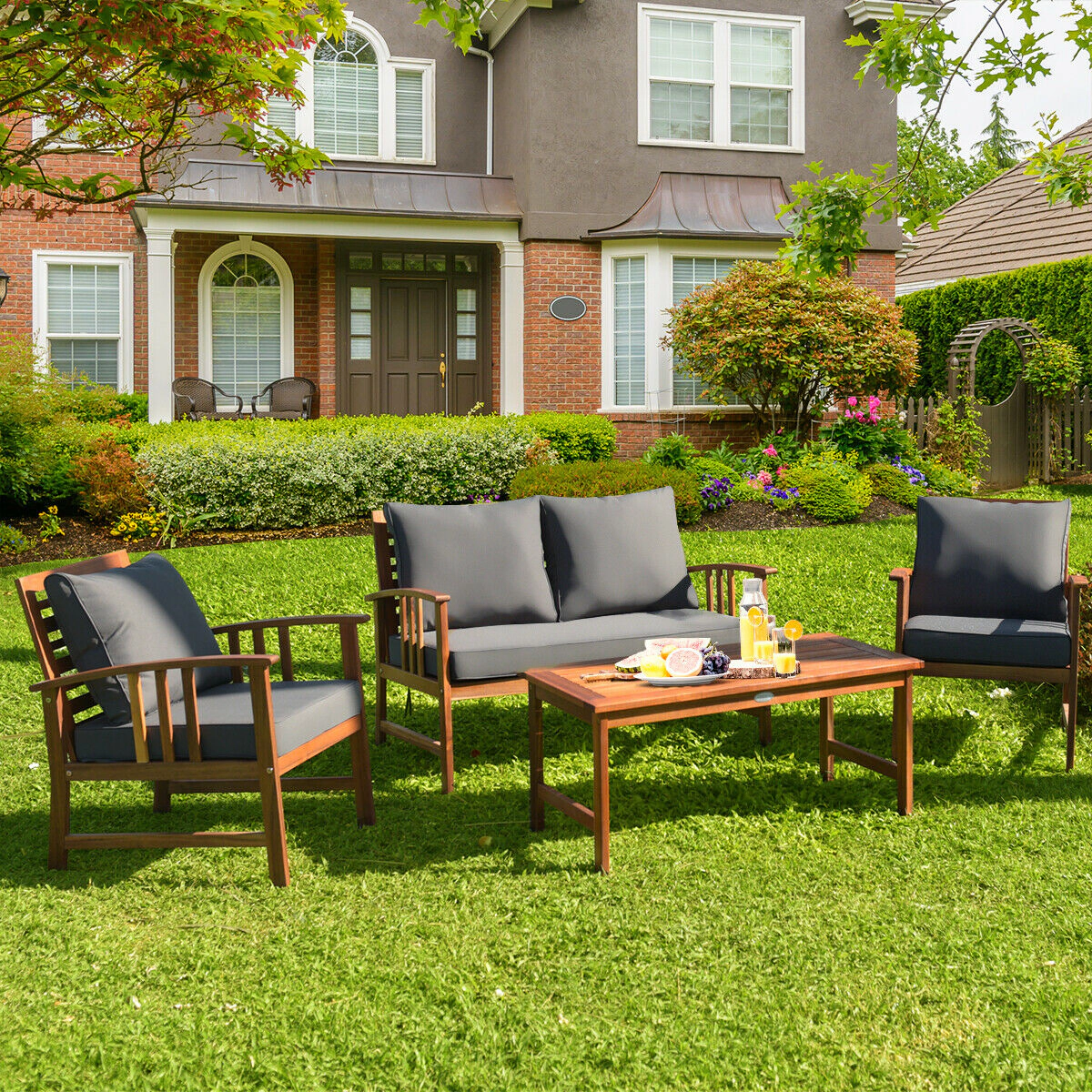 SUGIFT 4-Piece Acacia Wood Patio Furniture Set, Loveseat, 2 Chairs, Table, 7 Cushions