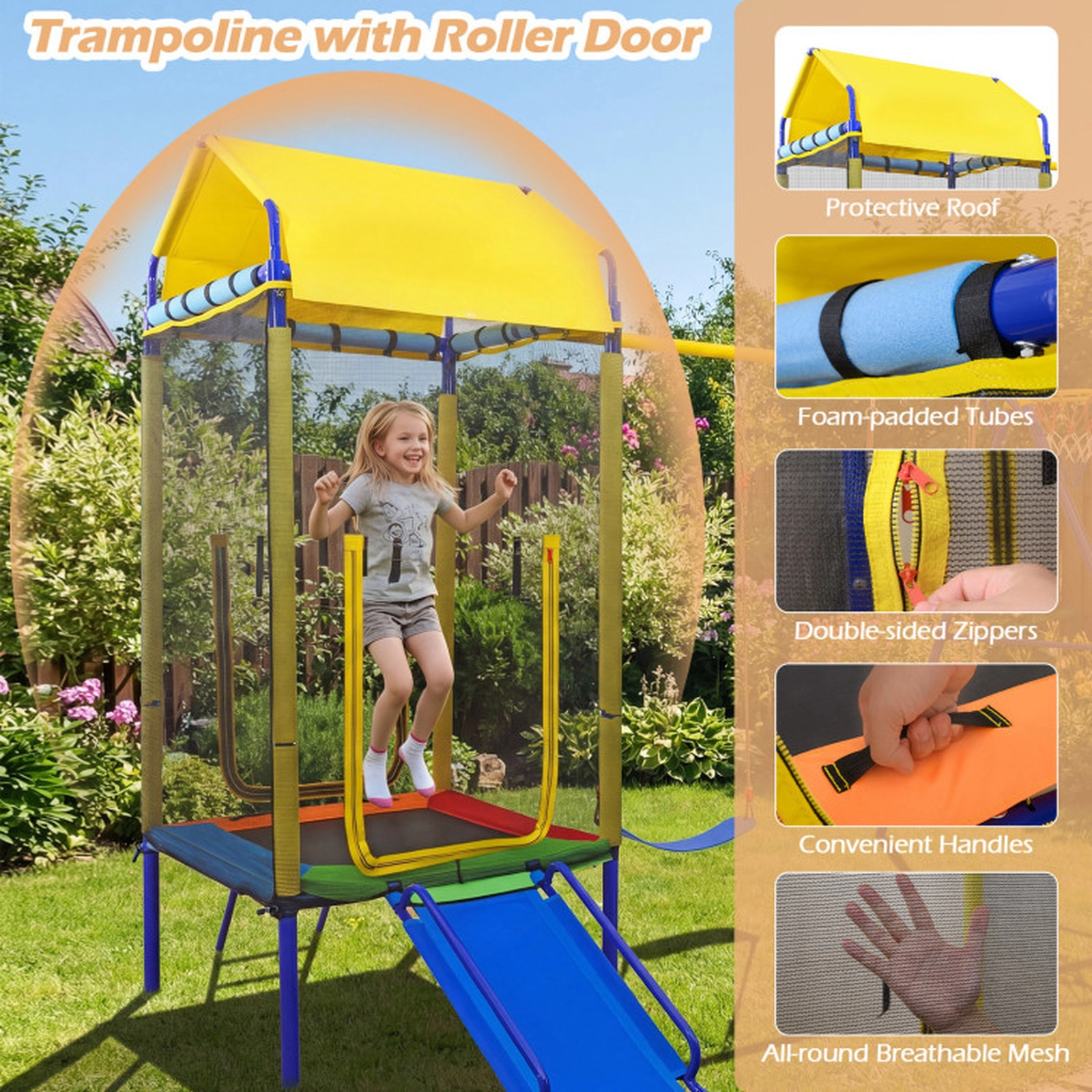 SUGIFT 5-in-1 Kids Outdoor Swing Set with Trampoline and Basketball Hoop 330-lb Trampoline Capacity 8+ Years Yellow+Blue