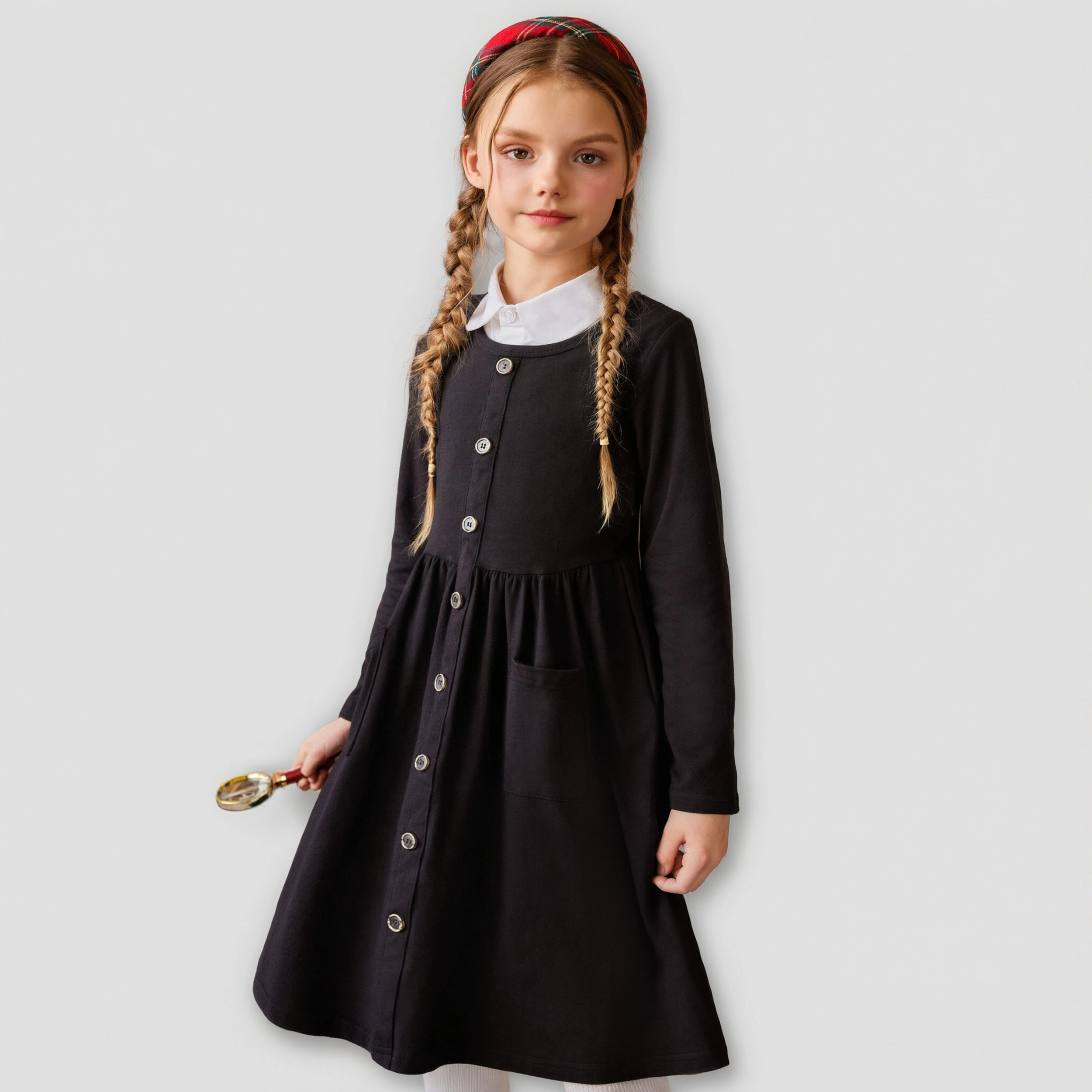 Arshiner Girls Long Sleeve Dresses Button Down Midi Dress with Pockets