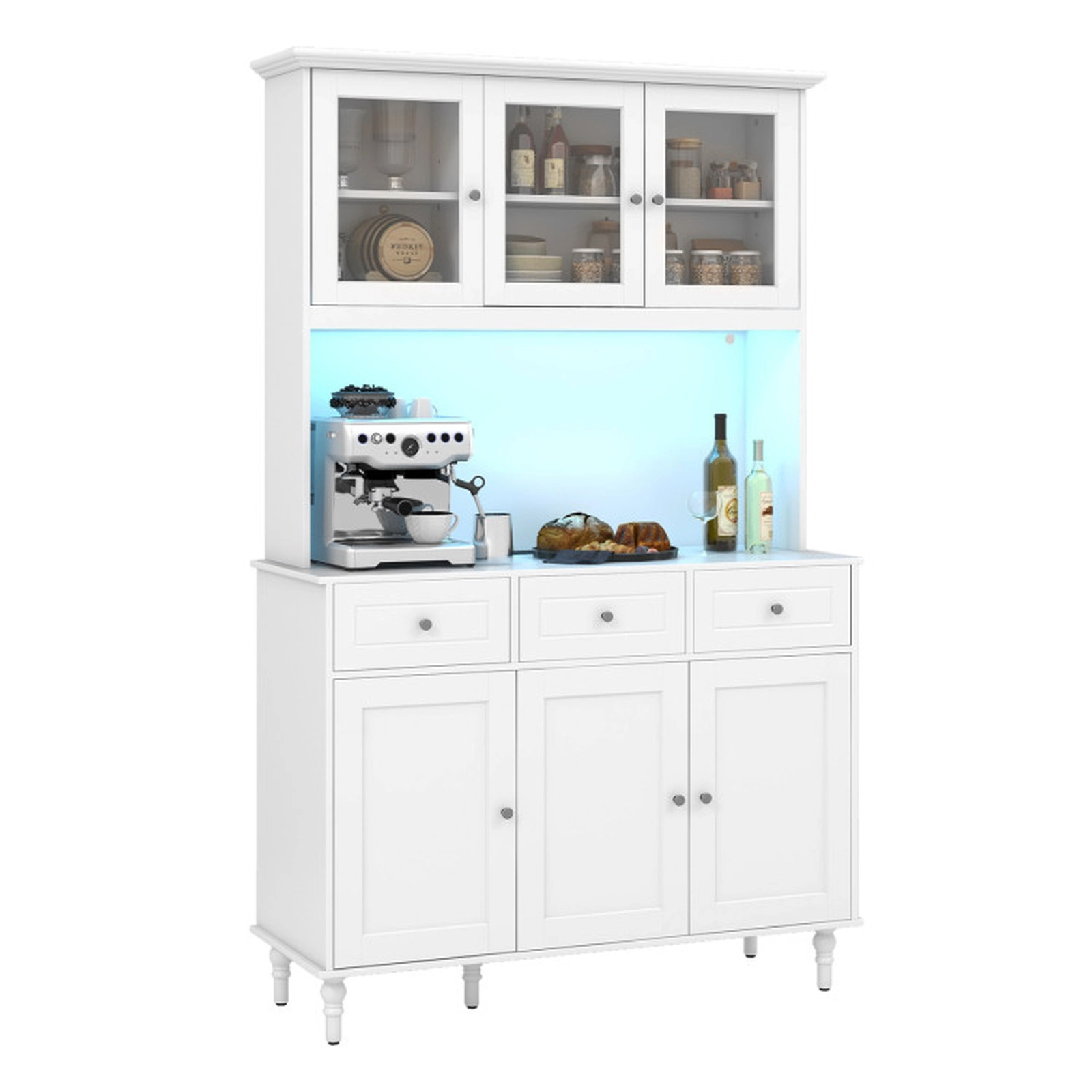SUGIFT 77-in LED Lights Charging Station 4 Doors 3 Drawers Kitchen Pantry Cabinet 47-in x 18-in 365-lb Capacity White