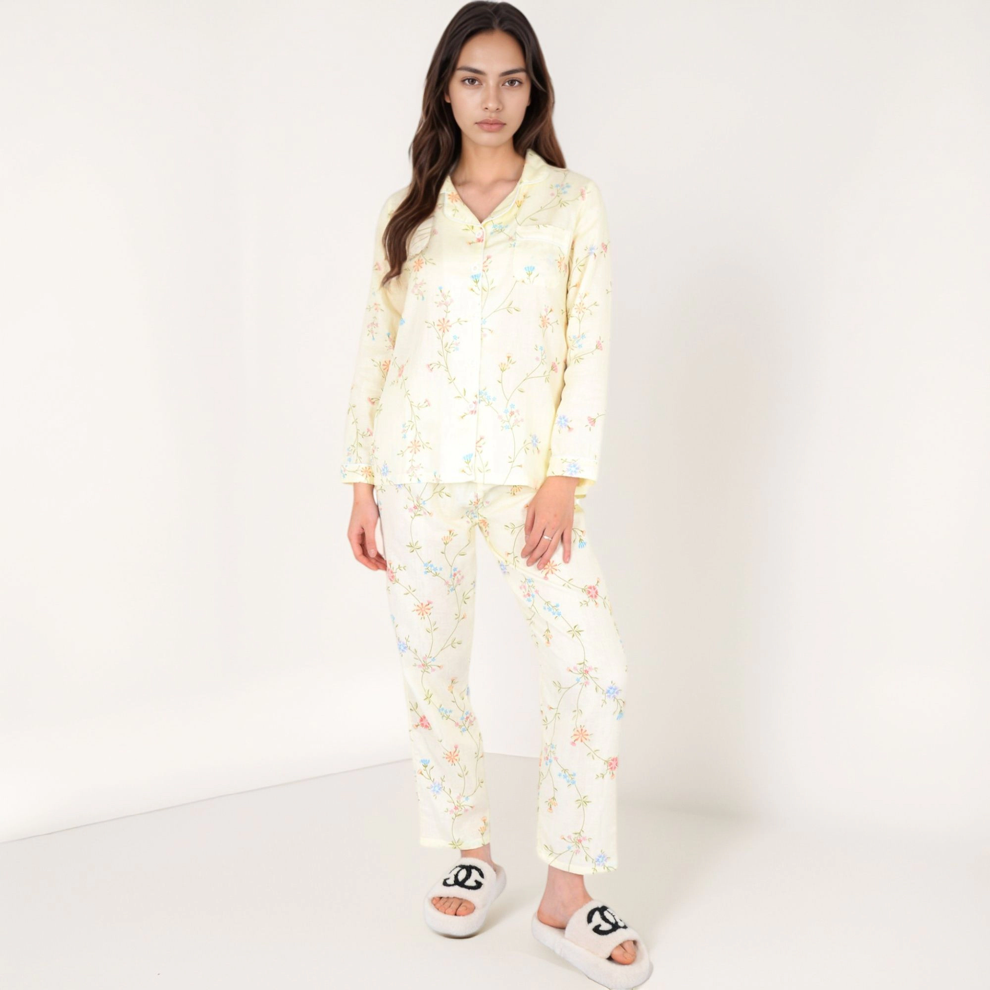 Anna-Kaci Women's Yellow Floral Print Long Sleeve Pajama Set Button Up Top Single Chest Pocket and Relaxed Fit Pants