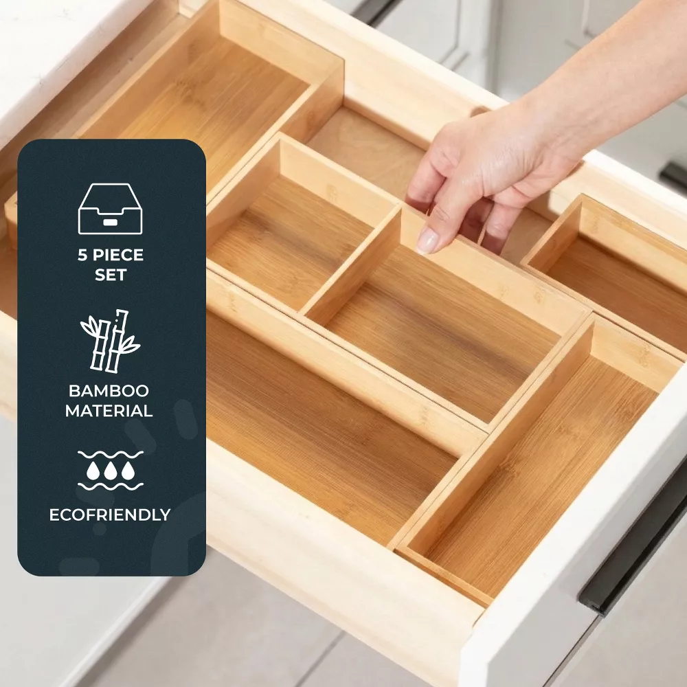 Luminuxe Bamboo Drawer Organizer Set, 5 Piece Non-Slip Versatile Storage Trays for Kitchen Utensils, Bathroom Essentials
