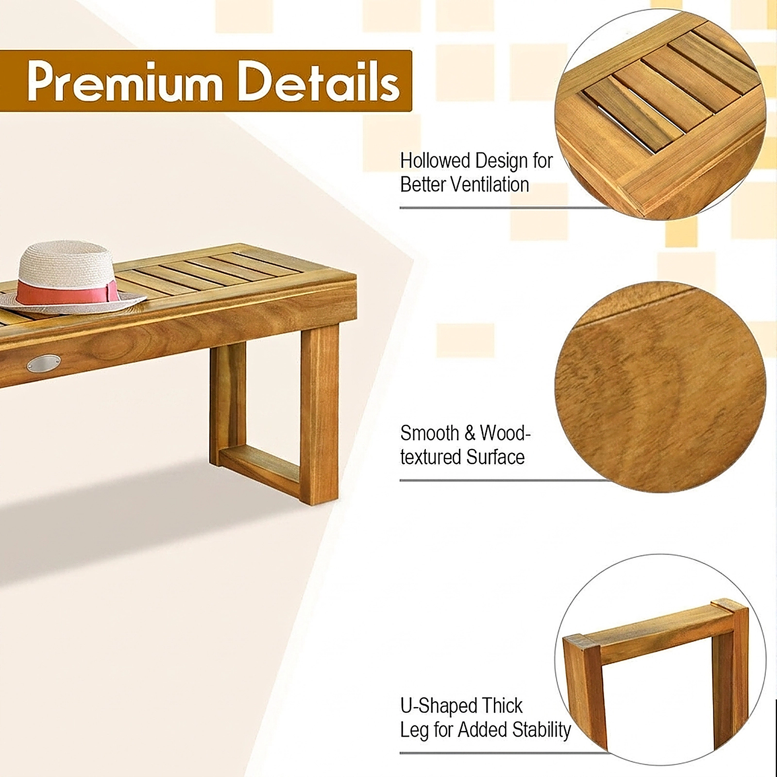 SUGIFT 52 in Acacia Wood Dining Bench Teak Tone with Slatted Seat for Patio and Kitchen