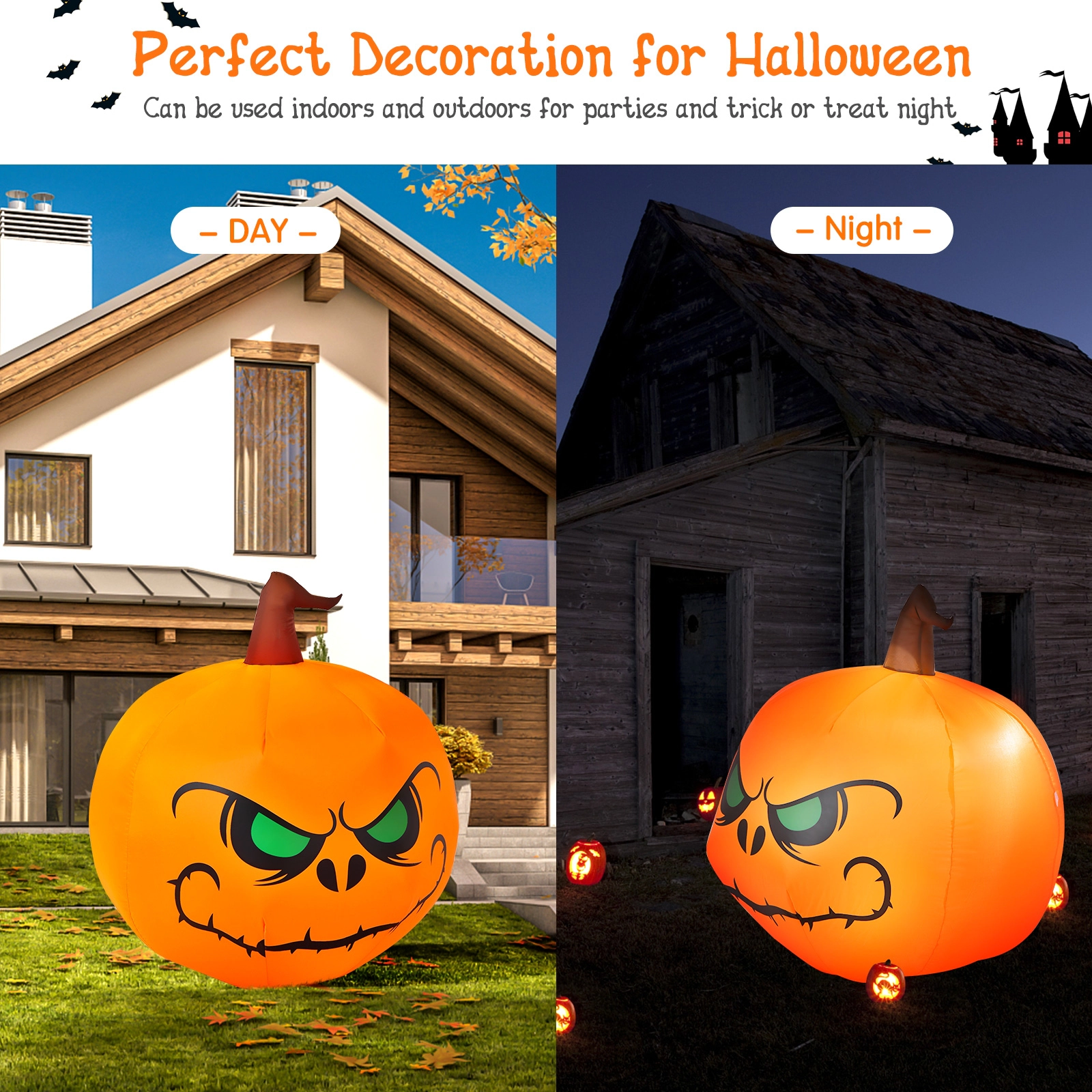 SUGIFT 4-ft Halloween Inflatable Pumpkin with Built-In LED Light Blower and Ground Stakes 3.5-ft W Orange