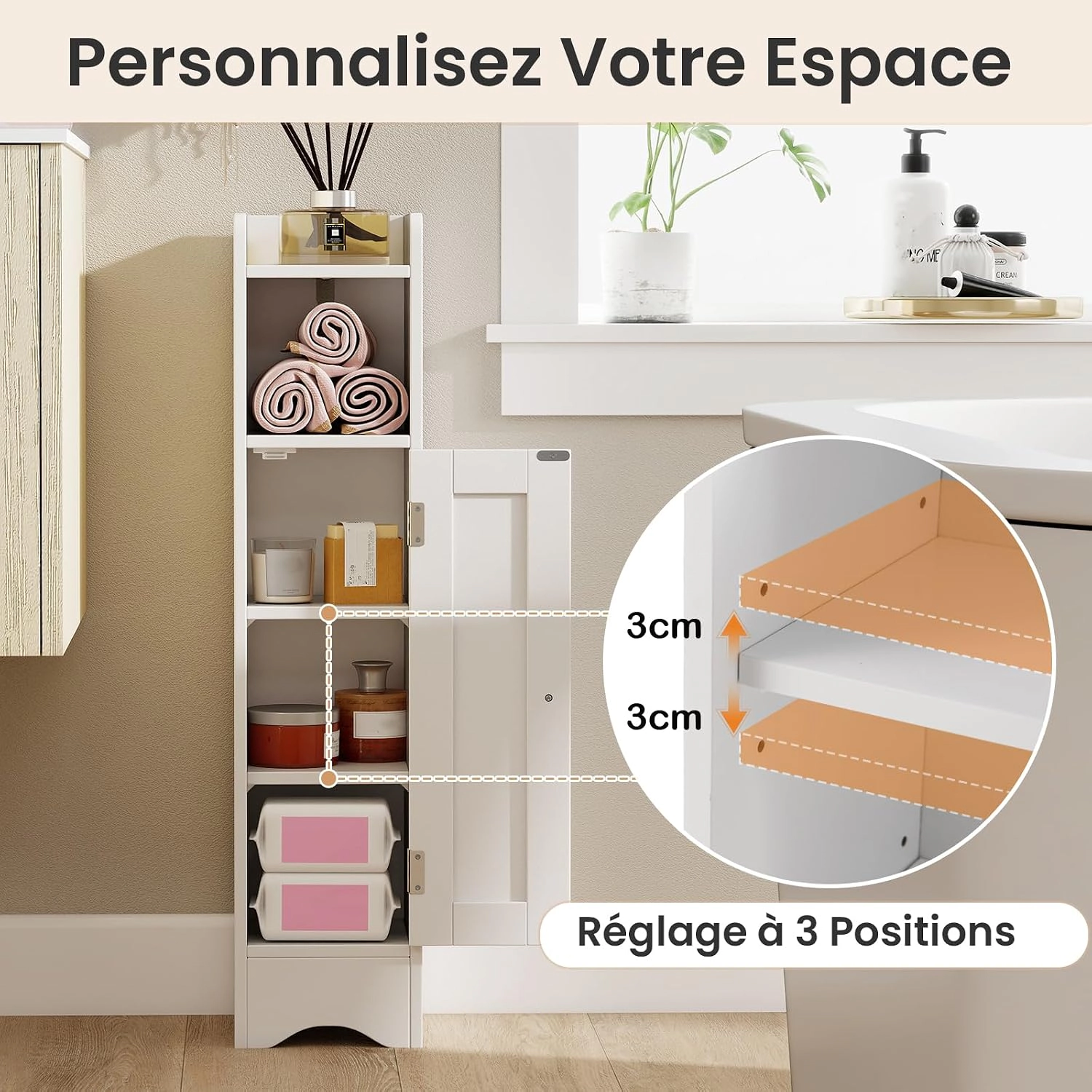 Slickblue Narrow Bathroom Storage Cabinet White Toilet Paper Holder Cabinet Open Shelf