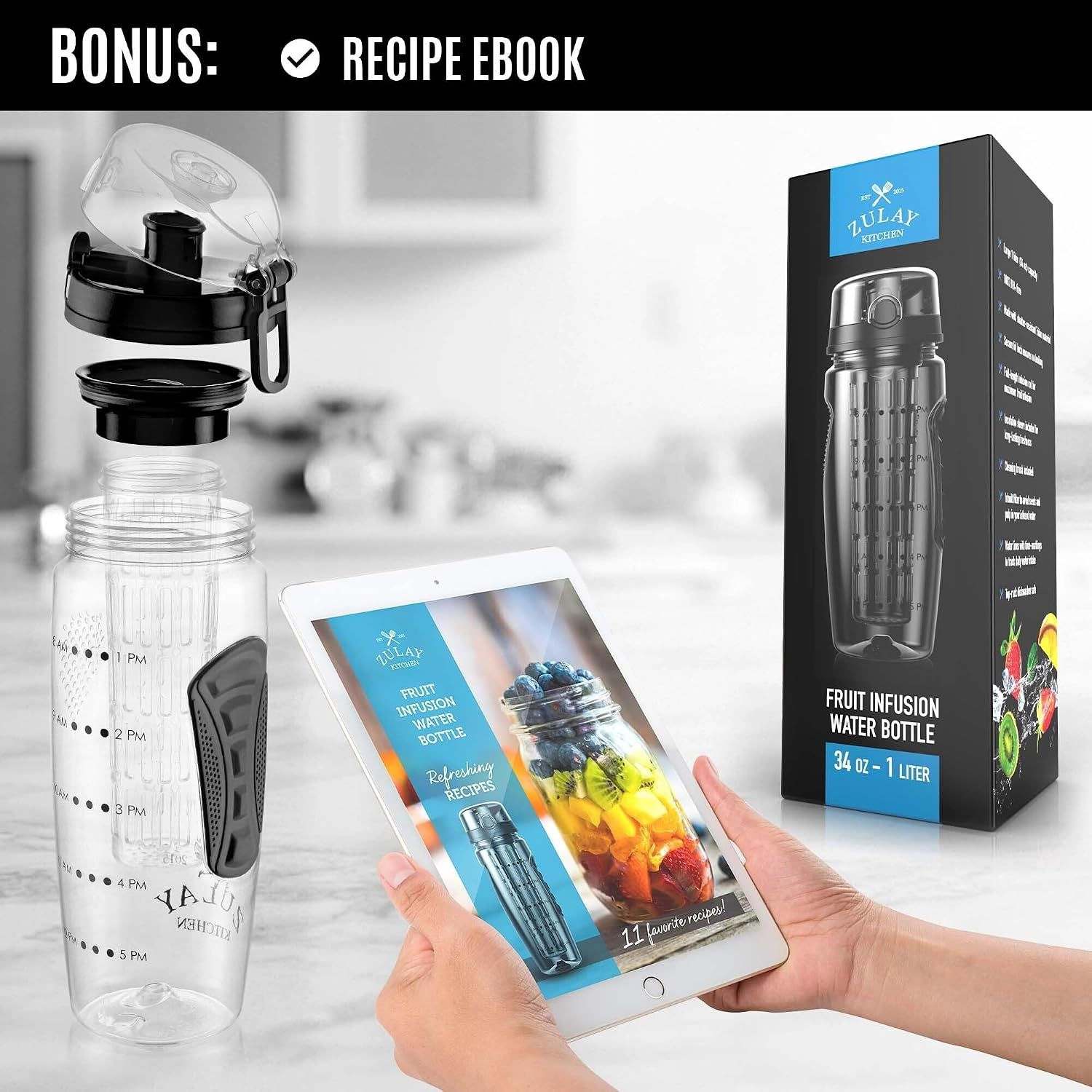 Zulay Kitchen Fruit Infuser Water Bottle - 34oz Leakproof With Full-Length Infusion Rod