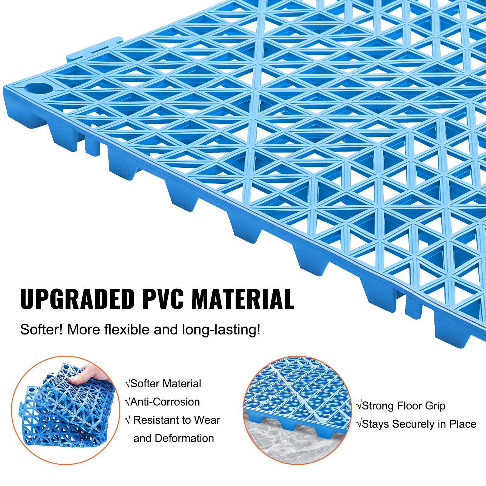 HONGGE Interlocking Drainage Tile, 12x12 In Soft PVC, 55-Piece Set, Non-Slip Blue Flooring for Bathroom, Kitchen & Pool
