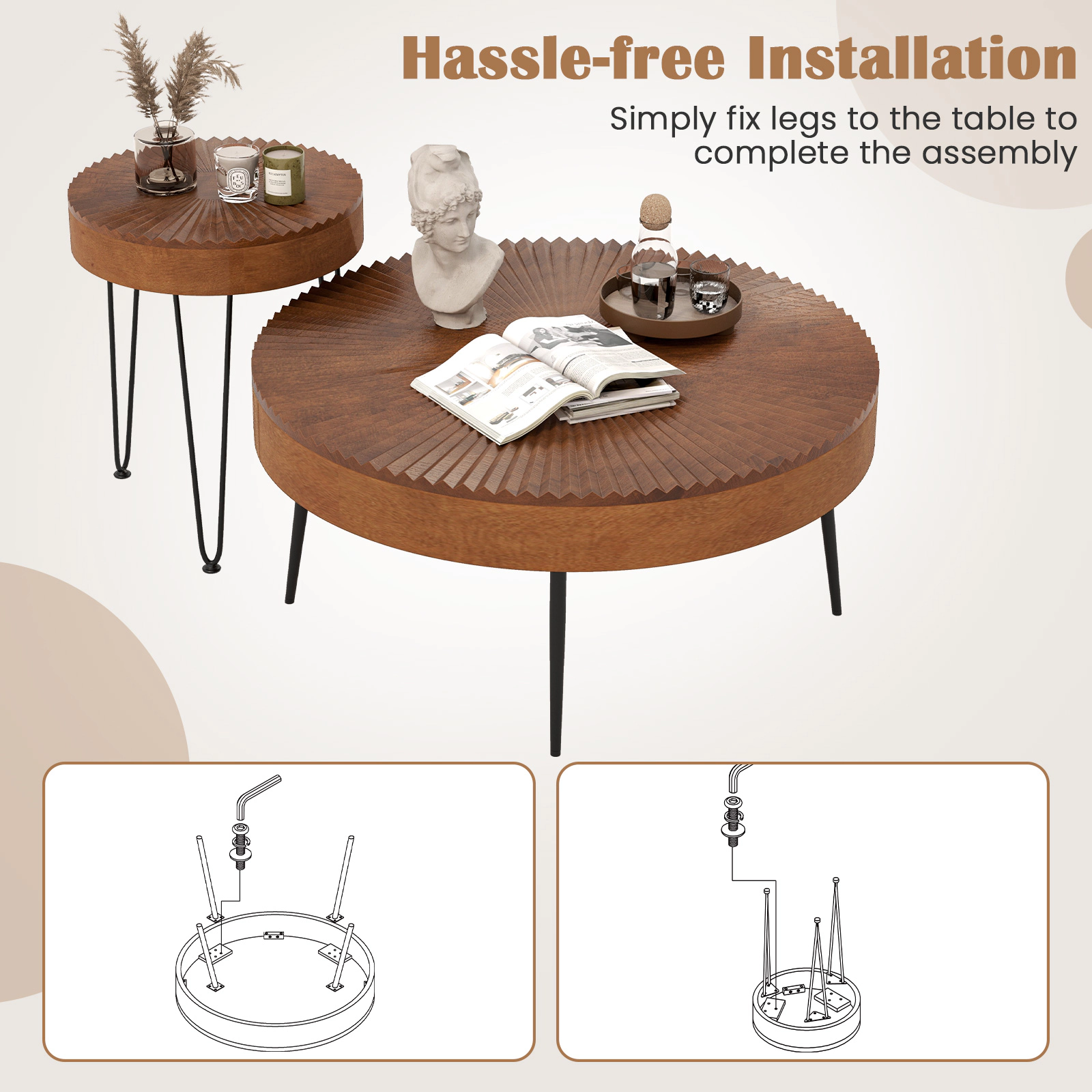 Glintex 2-Piece Round Pine Wood Coffee Table Set with Triangular Metal Legs, Coffee