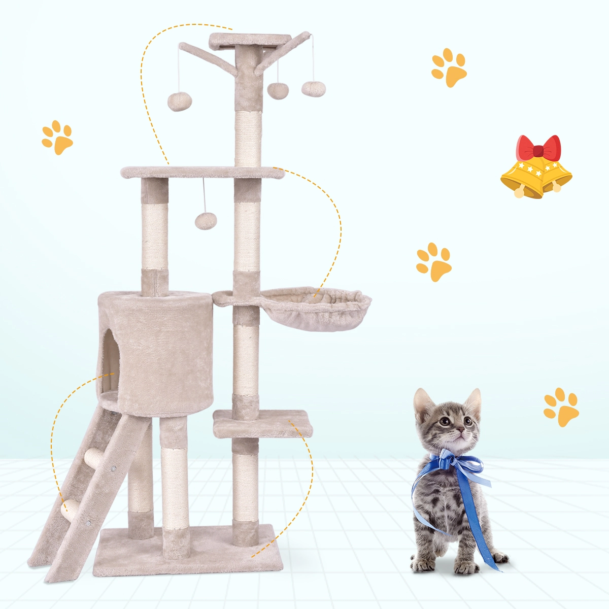Glintex 56-Inch Cat Tree with Condo Ladder and Natural Sisal Scratching Posts, Beige