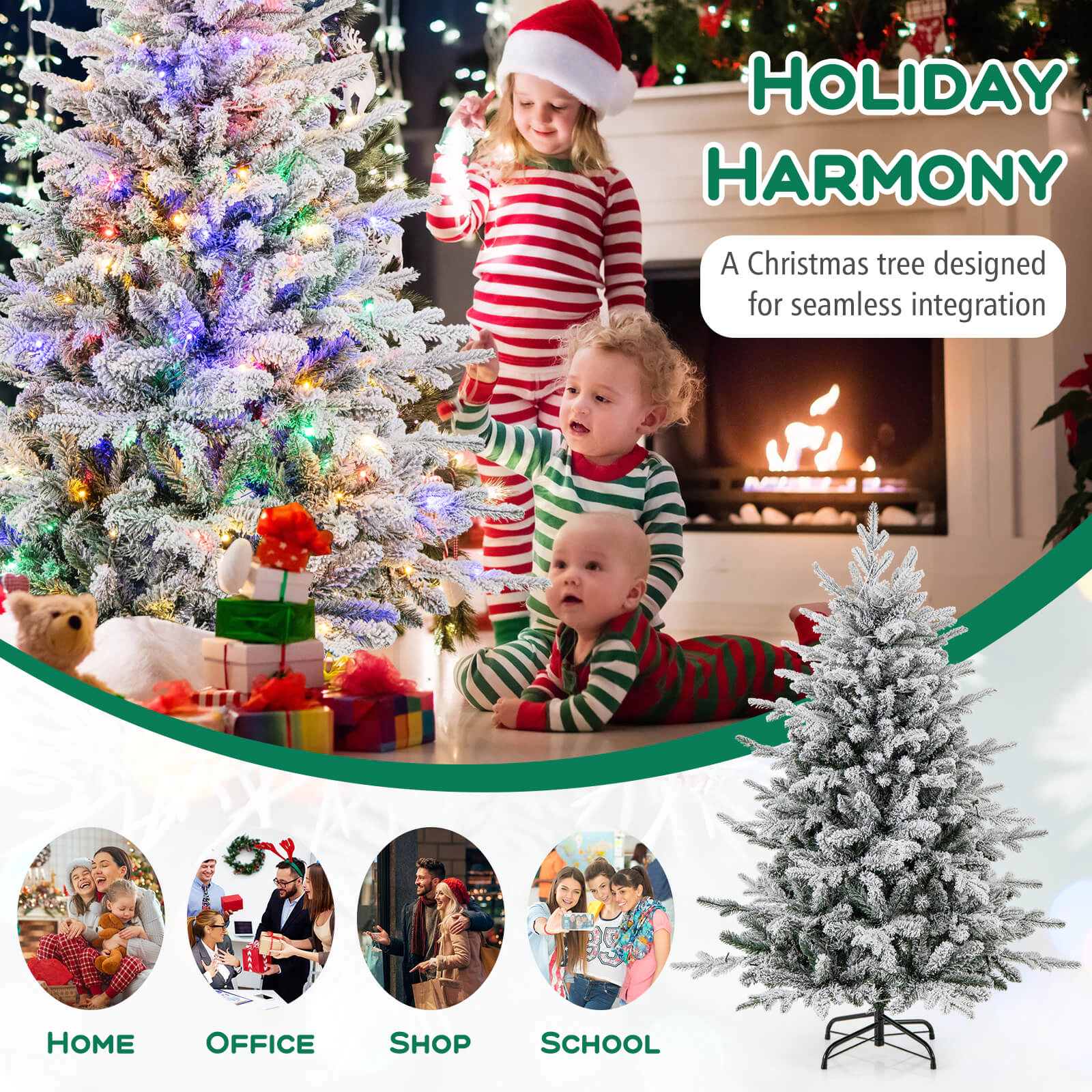 Costway 4.5/6/7 FT Flocked Christmas Tree with 8 Lighting Modes 160 Multi-Color LED Lights