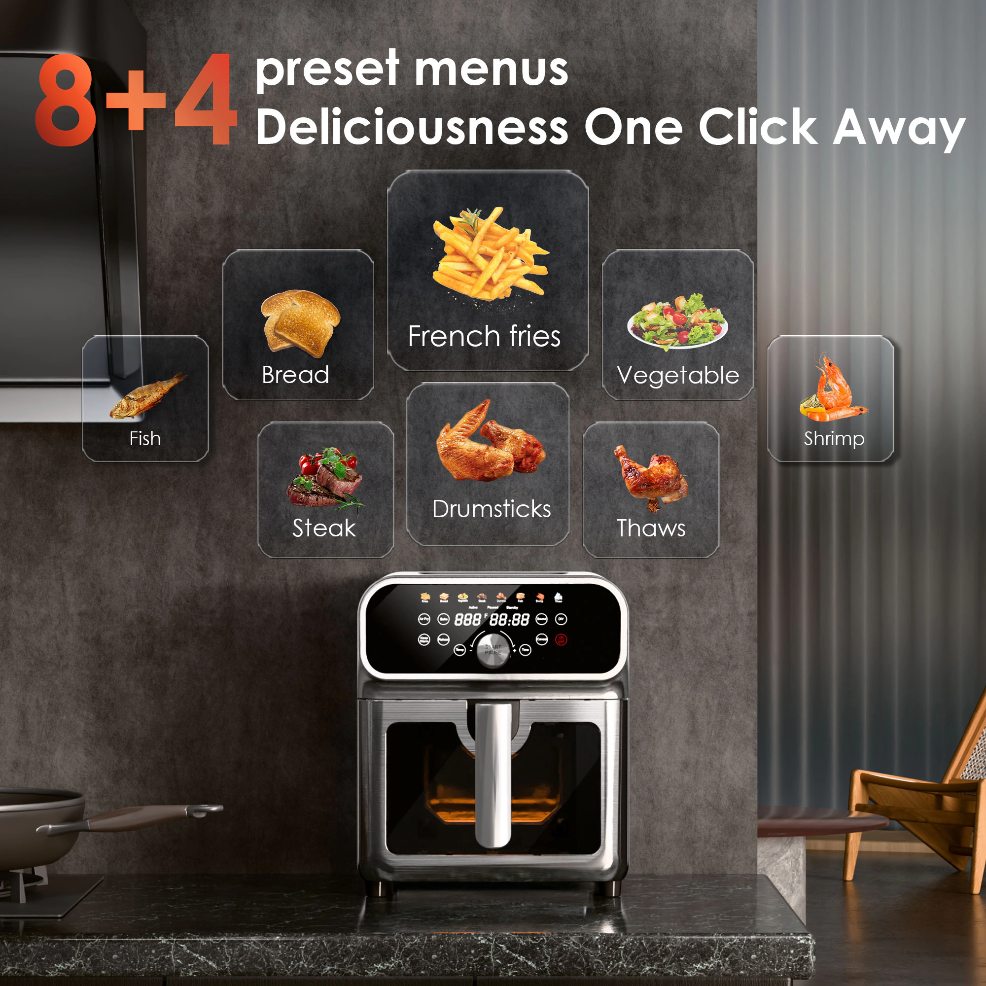WHALL - 6QT All-Stainless Air Fryer, 8-in-1 Hot Oven with Digital LED Touchscreen & Visible Window