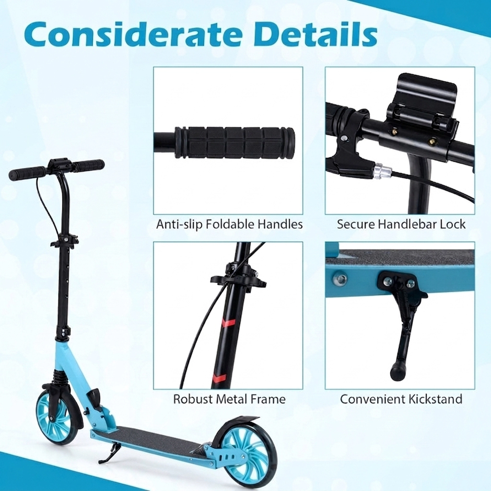 SUGIFT Blue Foldable Kick Scooter, 220-lb Capacity, Front Suspension, Hand Brake and Light-Up Wheels