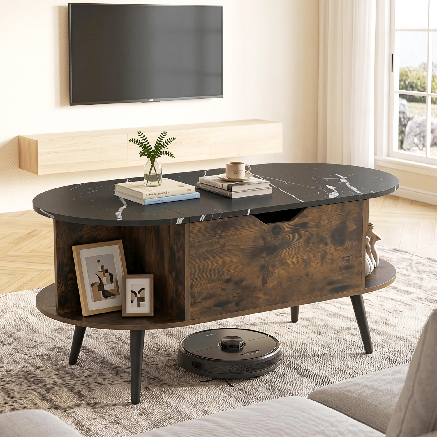 LJG Faux Marble Lift Top Coffee Table with Hidden Compartment and Shelves