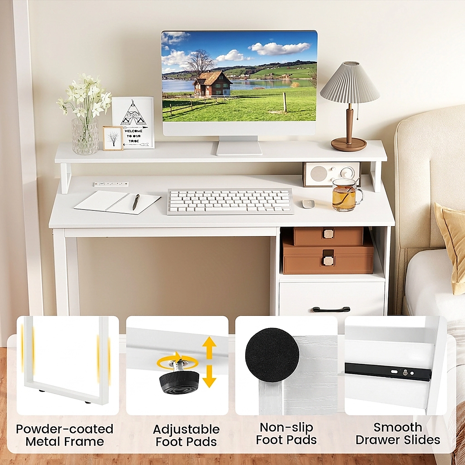 SUGIFT Modern Computer Desk with Power Outlets and File Drawer 135-lb Tabletop Capacity with Monitor Stand White