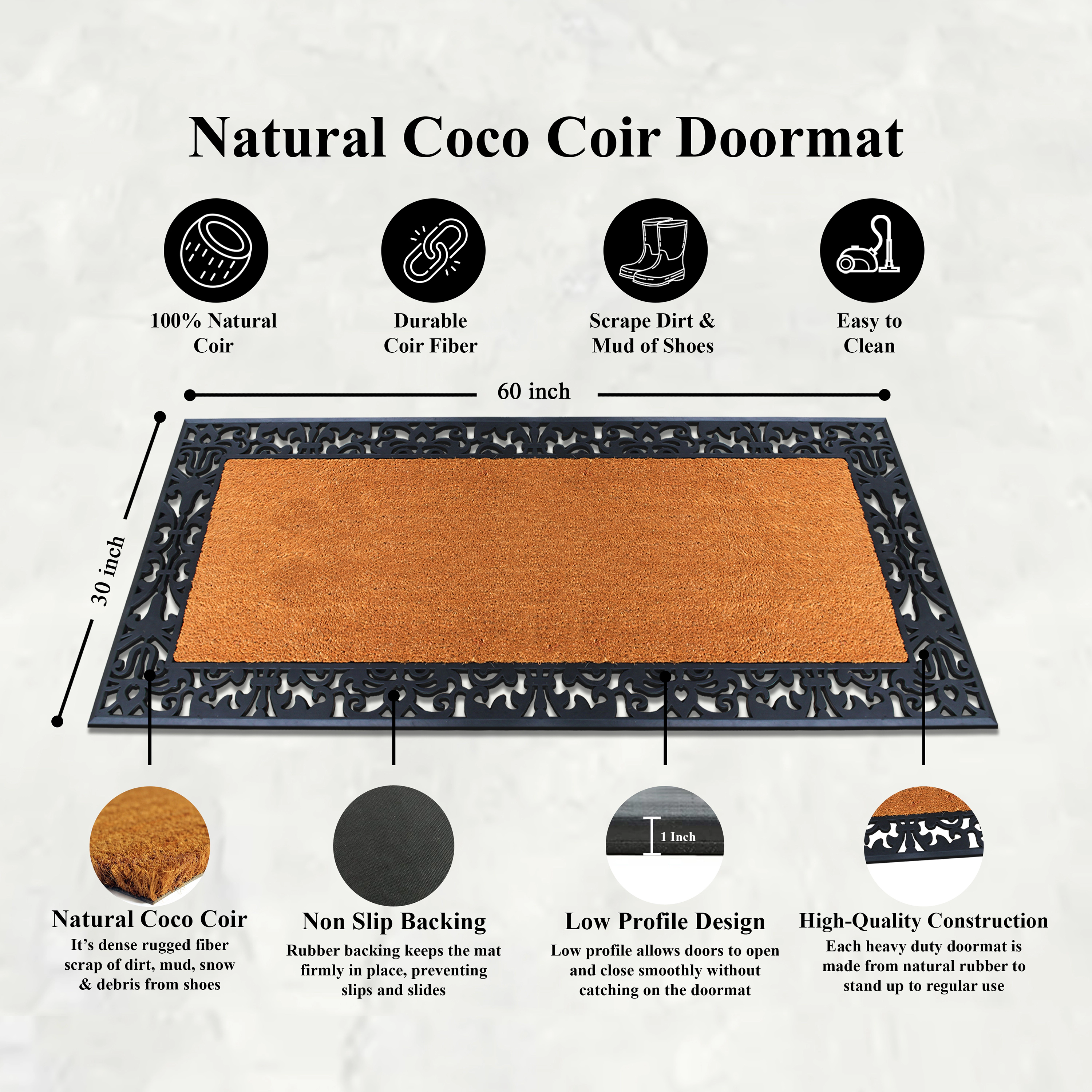 A1HC Coir and Rubber Door Mat 30x60 Inches Anti-Shed Fade-Resistant Heavy Duty Paisley Border Black
