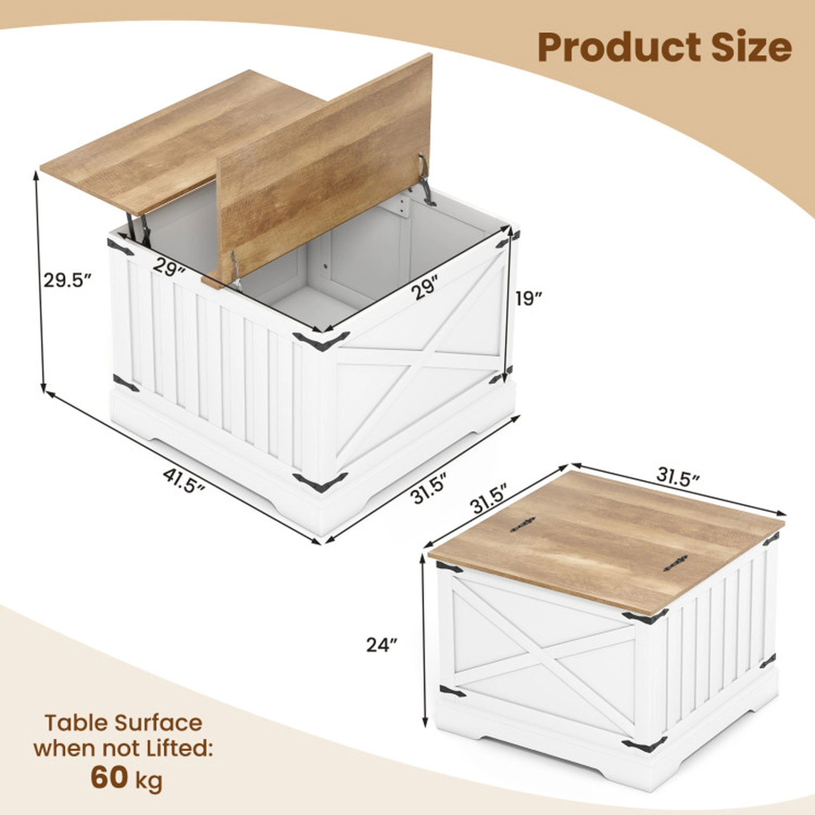 SUGIFT Farmhouse Lift Top Coffee Table with Hidden Storage Compartment 31.5-in Square Brown