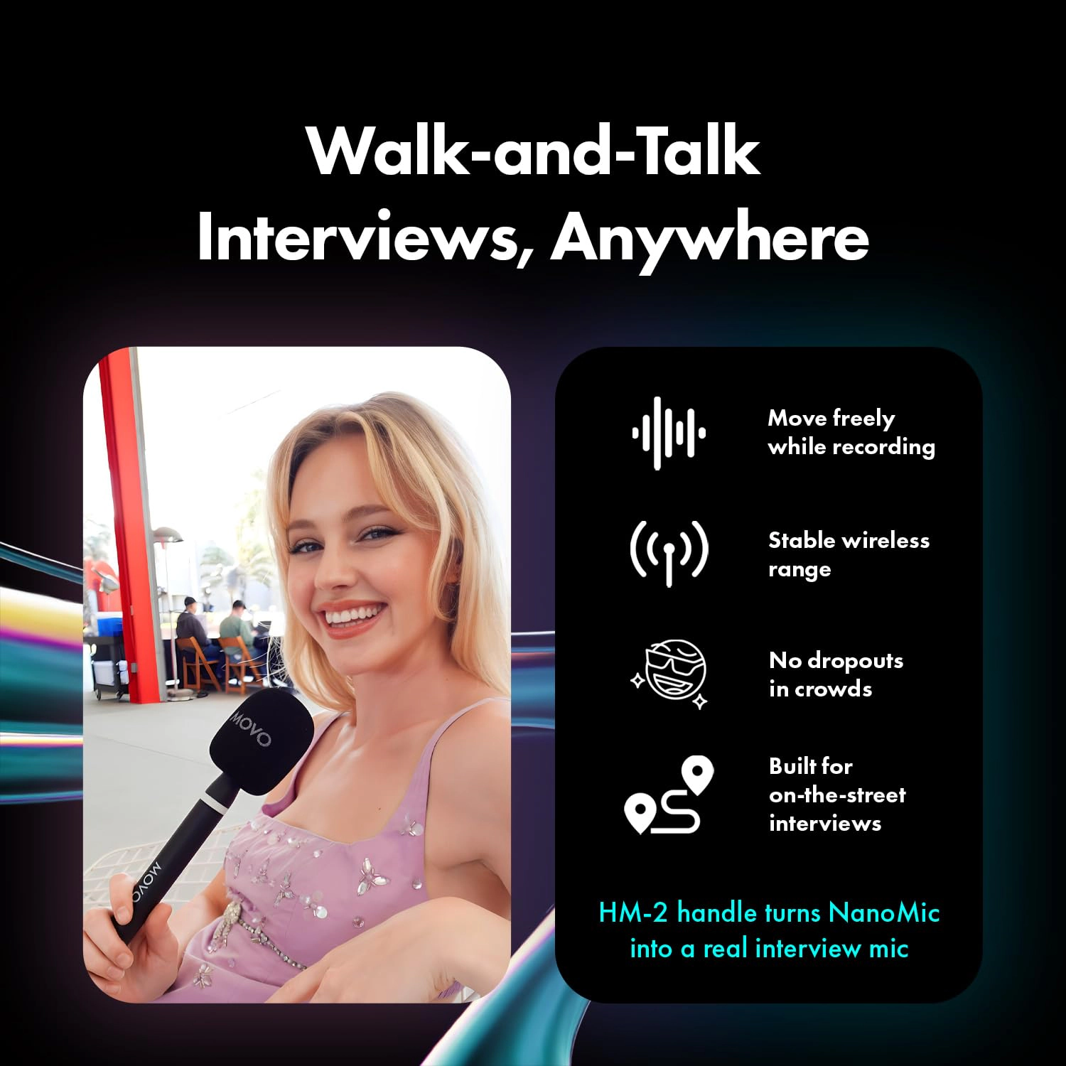 Movo NanoMic Wireless USB-C Mic Kit with Interview Handle — Dual Street Interview Mic for iPhone 15/16/17+, Android