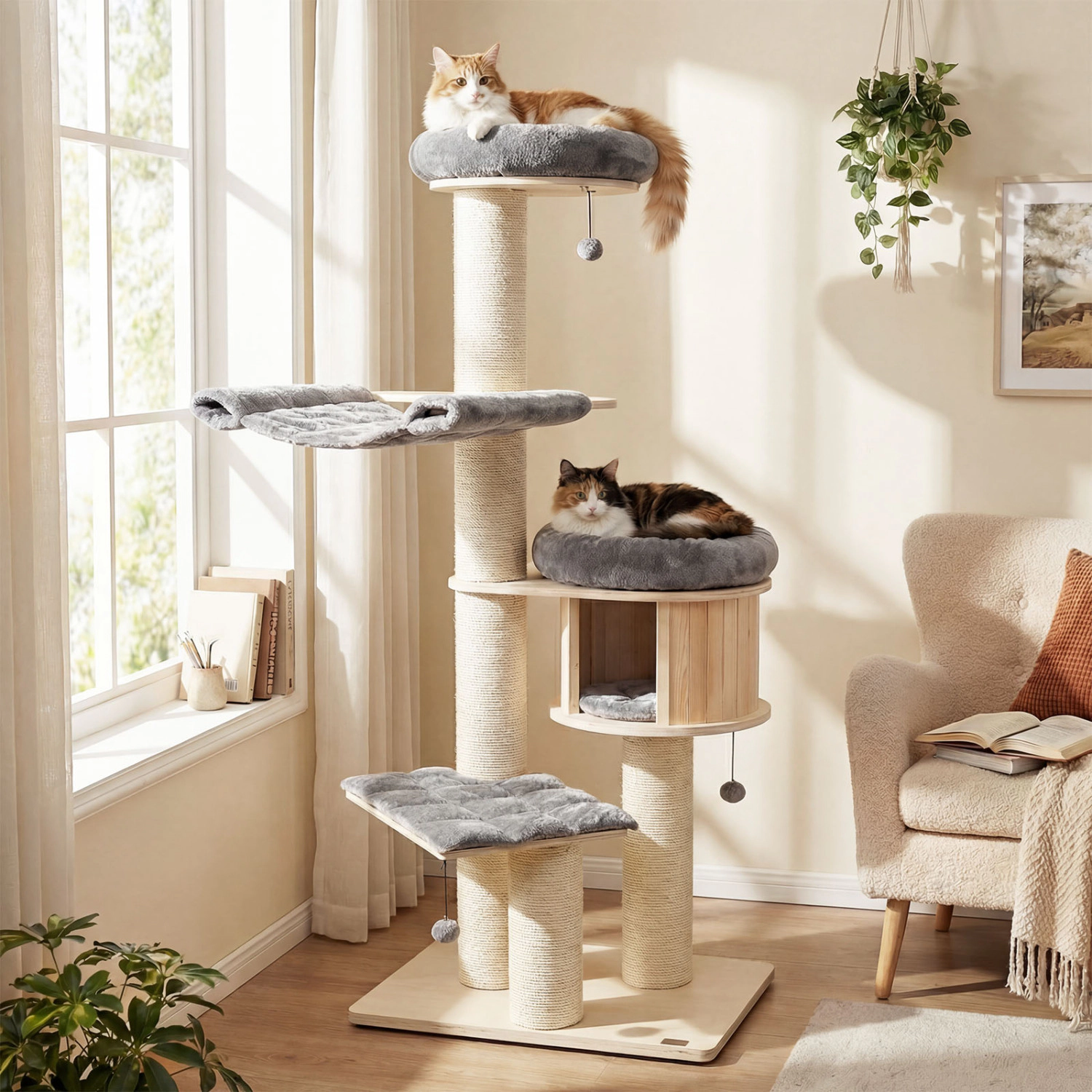 LJG 4-Layer 68.5-Inch Wooden Cat Tree Condo Activity Tower with Sisal Posts