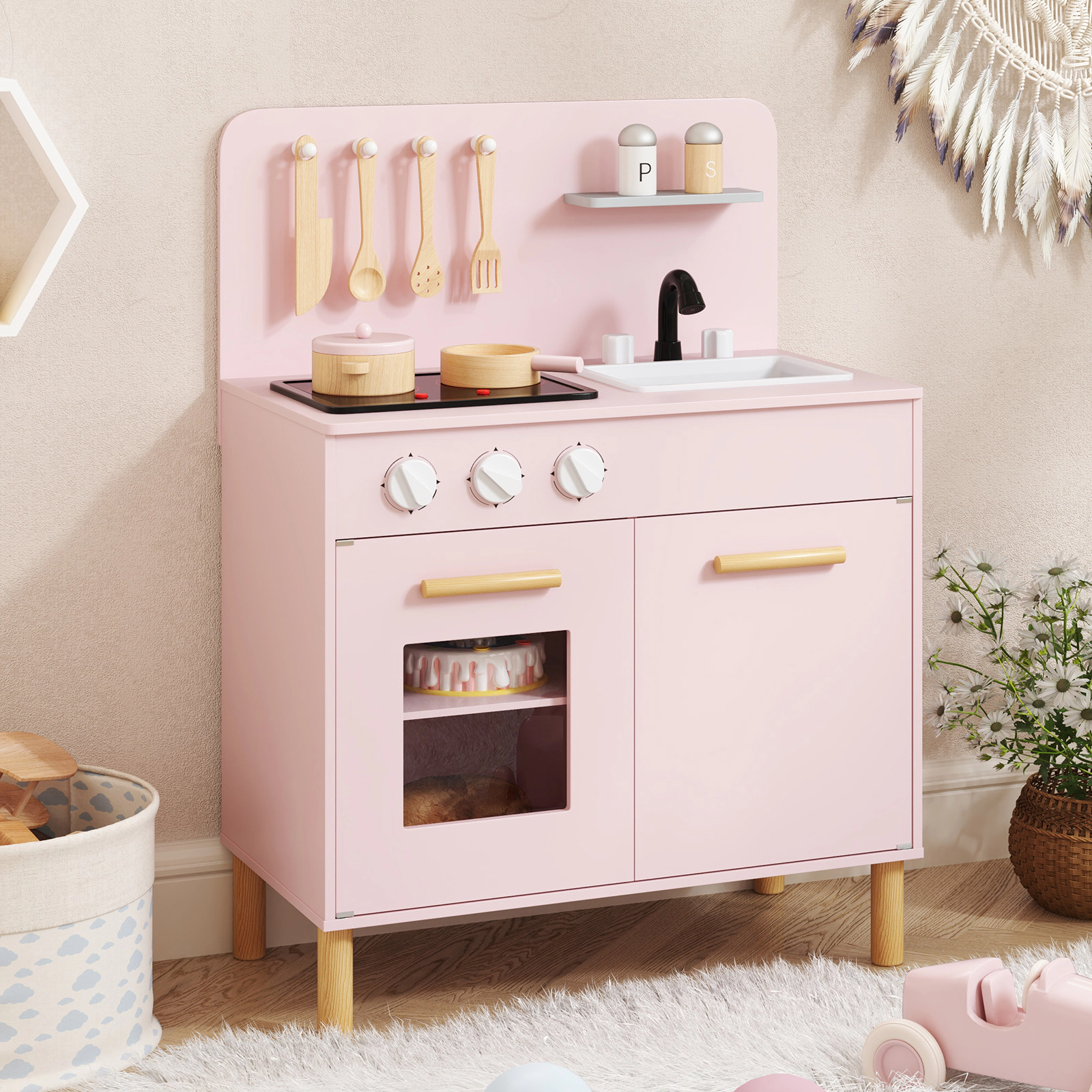 Kitchen Set for Kids Dual Light-Up Stoves Removable Sink Storage 22-in Wooden Play Kitchen Pine Wood Legs Ages 3+ Pink