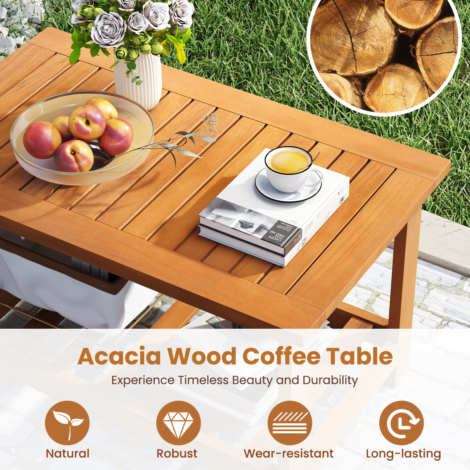 SUGIFT 29.5-In 2-Tier Natural Acacia Wood Outdoor Patio Coffee Table with Storage Shelf
