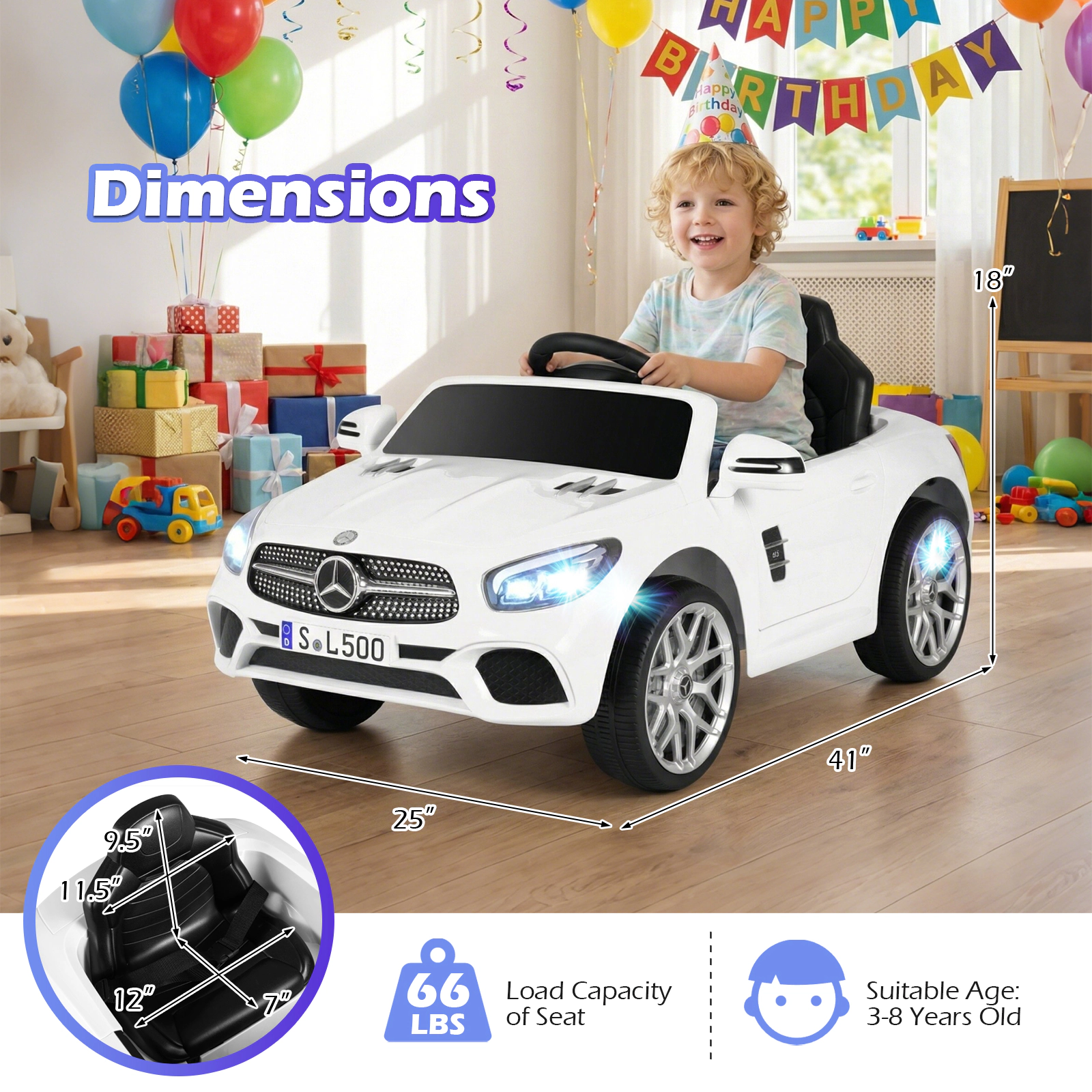 SUGIFT 12V Licensed Mercedes-Benz Ride-On Car with Remote, Music and LED Headlights 66-lb Capacity Ages 3-8 41-in Long