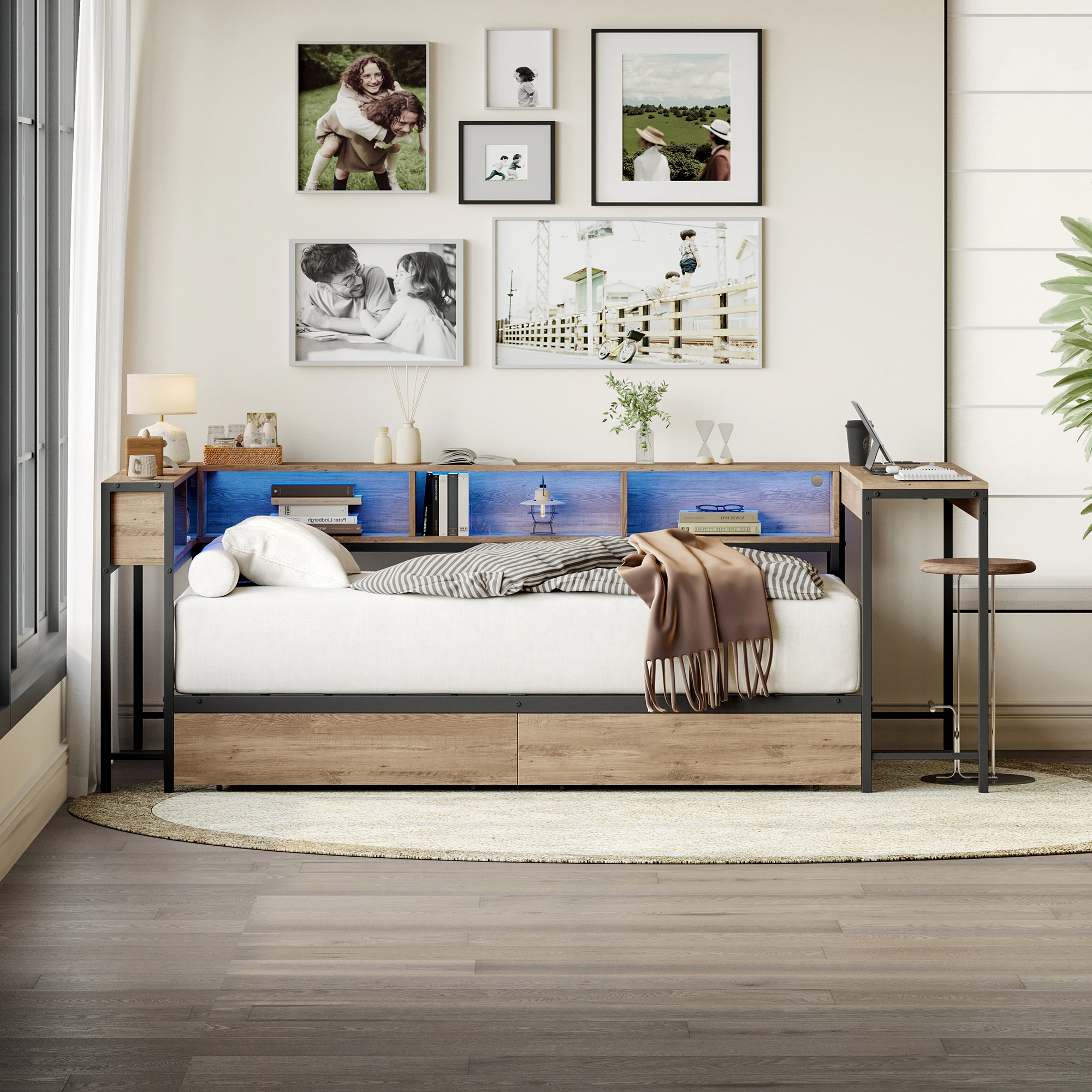Flynama Twin Corner Bed with Bookcase, 2 Drawers, LED Light & Charging Station, Grey
