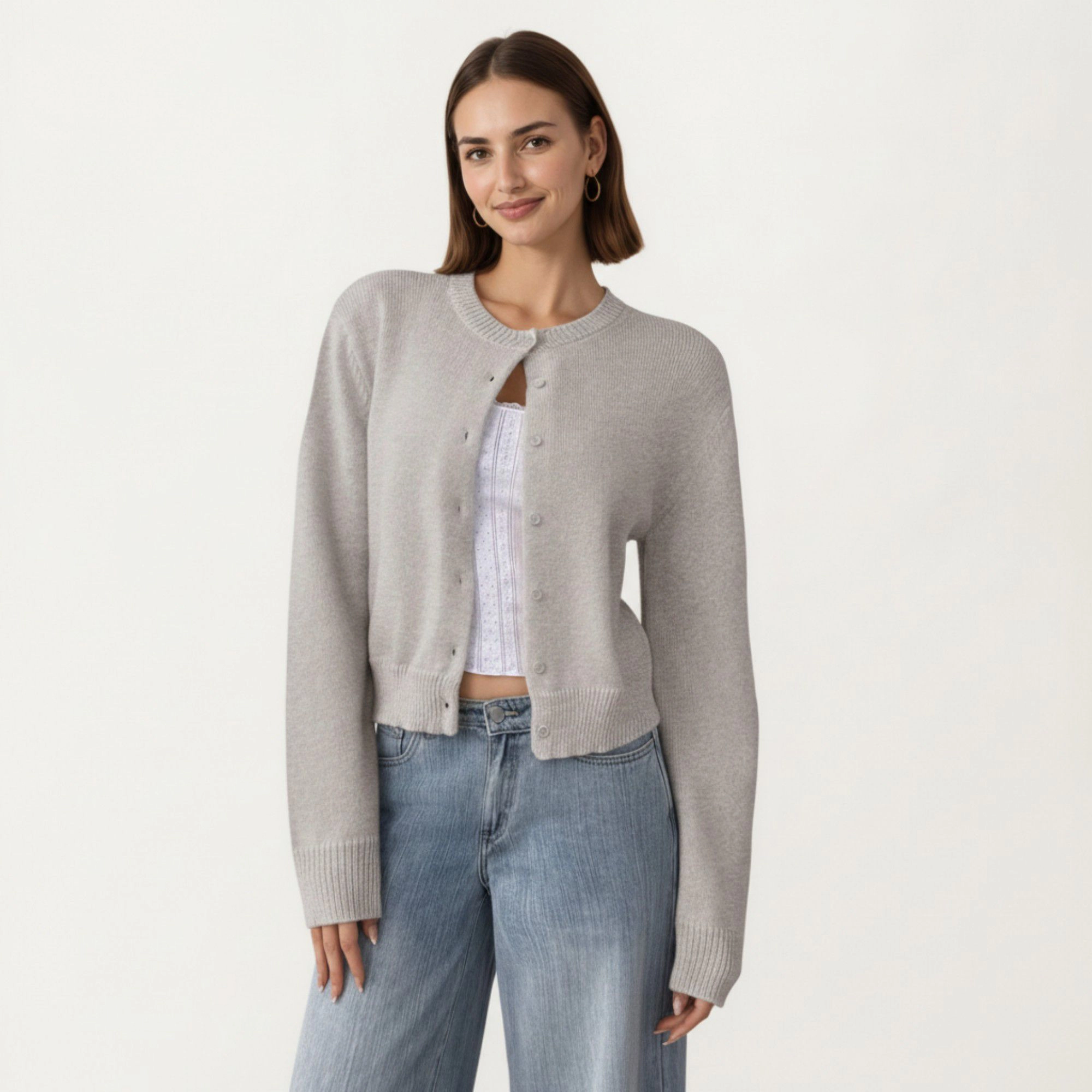 Anna-Kaci Women's Soft Knit Button Front Cropped Cardigan with Ribbed Trim Details and Relaxed Long Sleeves