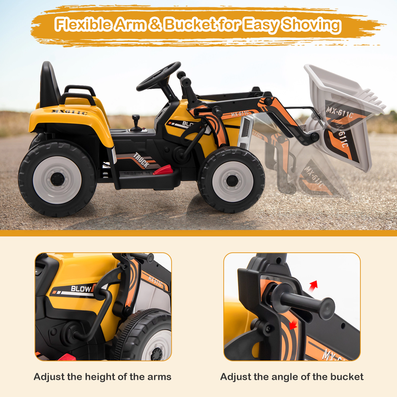 Glintex 12V Kids Ride-On Excavator with an Adjustable Bucket Arm