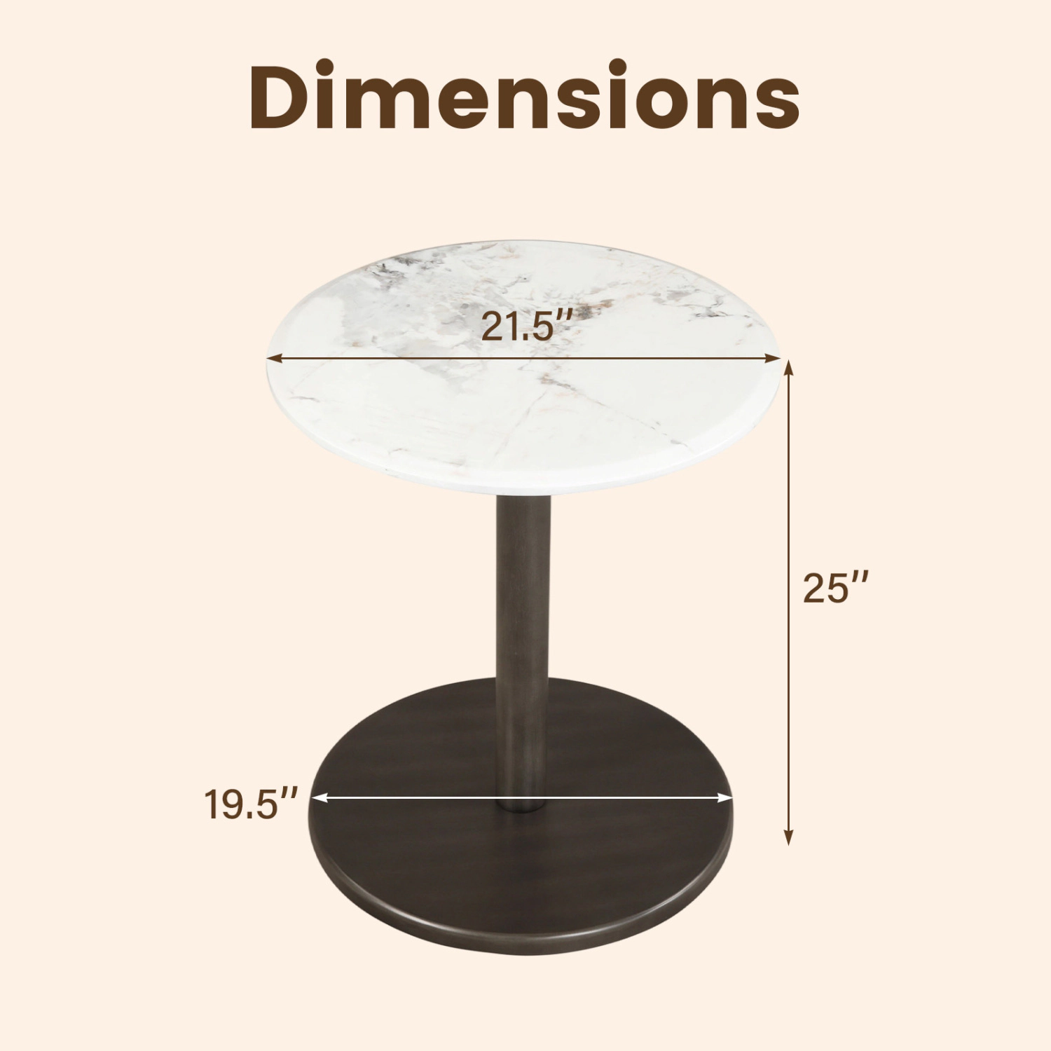 Glintex Round Genuine Marble Pedestal Side Table with Rubber Wood Column, White