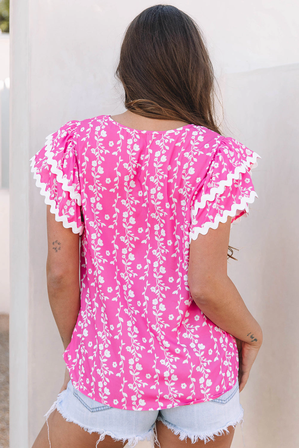 Threaded Pear Women's Rayna Floral Ric-rac Tiered Ruffled V Neck Blouse