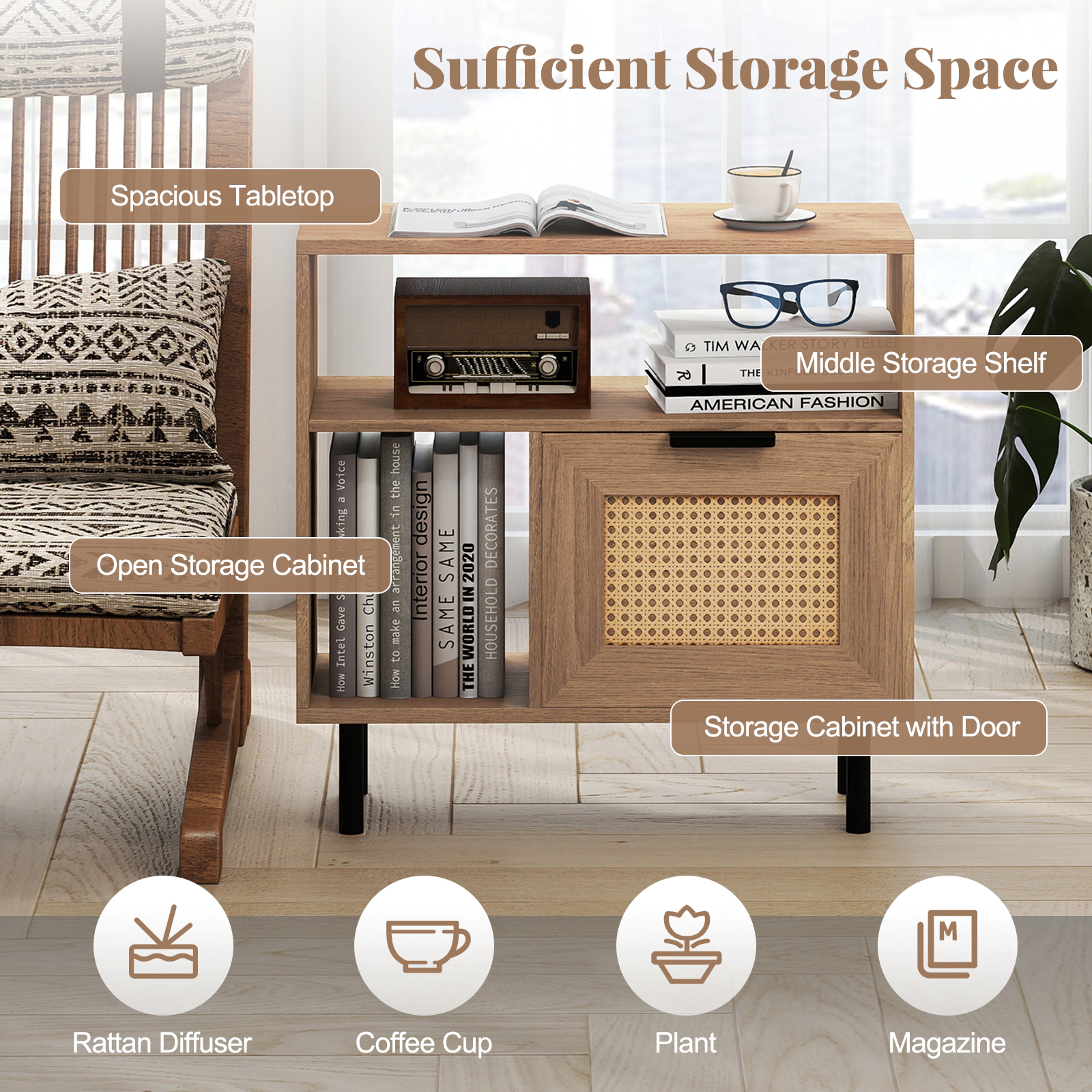 Glintex Narrow PE Rattan Side Table with Enclosed Cabinet and Soft-Close Hinges, Natural