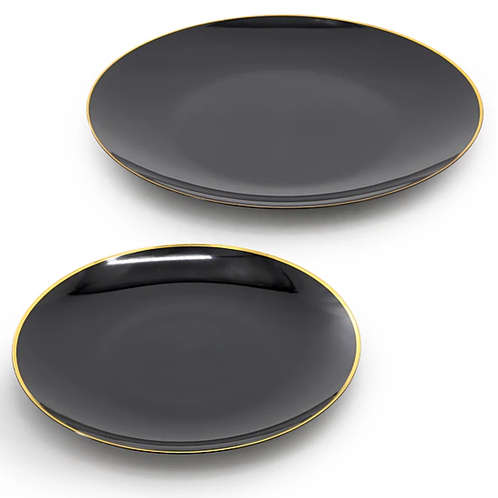 Elama 150 Piece Disposable Plastic Dinnerware Party Set for 25 Guests in Black with Gold Trim