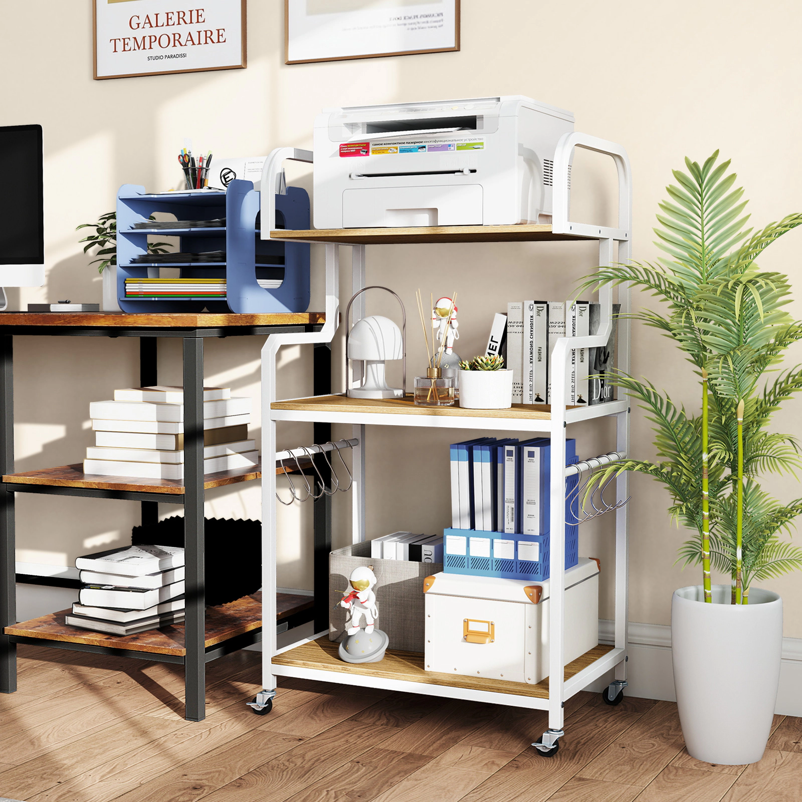 SUGIFT 3-Tier 10 Hanging Hooks Lockable Casters Rolling Printer Cart 24-in x 16-in x 43.5-in 110-lb Shelf Natural