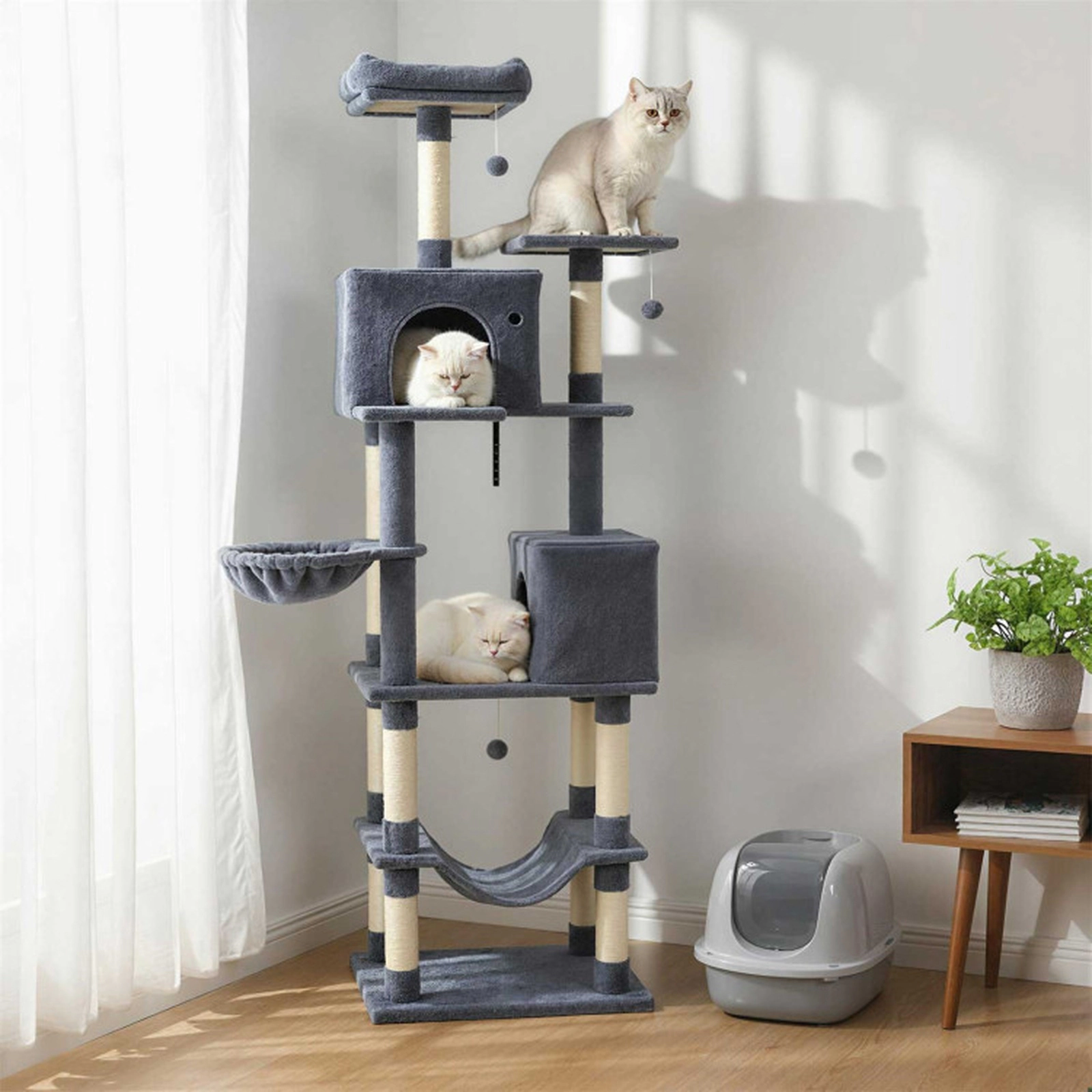 SUGIFT 80-in Tall Multi-Level Cat Tree 2 Large Condos, Hammock, Basket & Dangling Toys 33-lb Capacity per Layer Dark