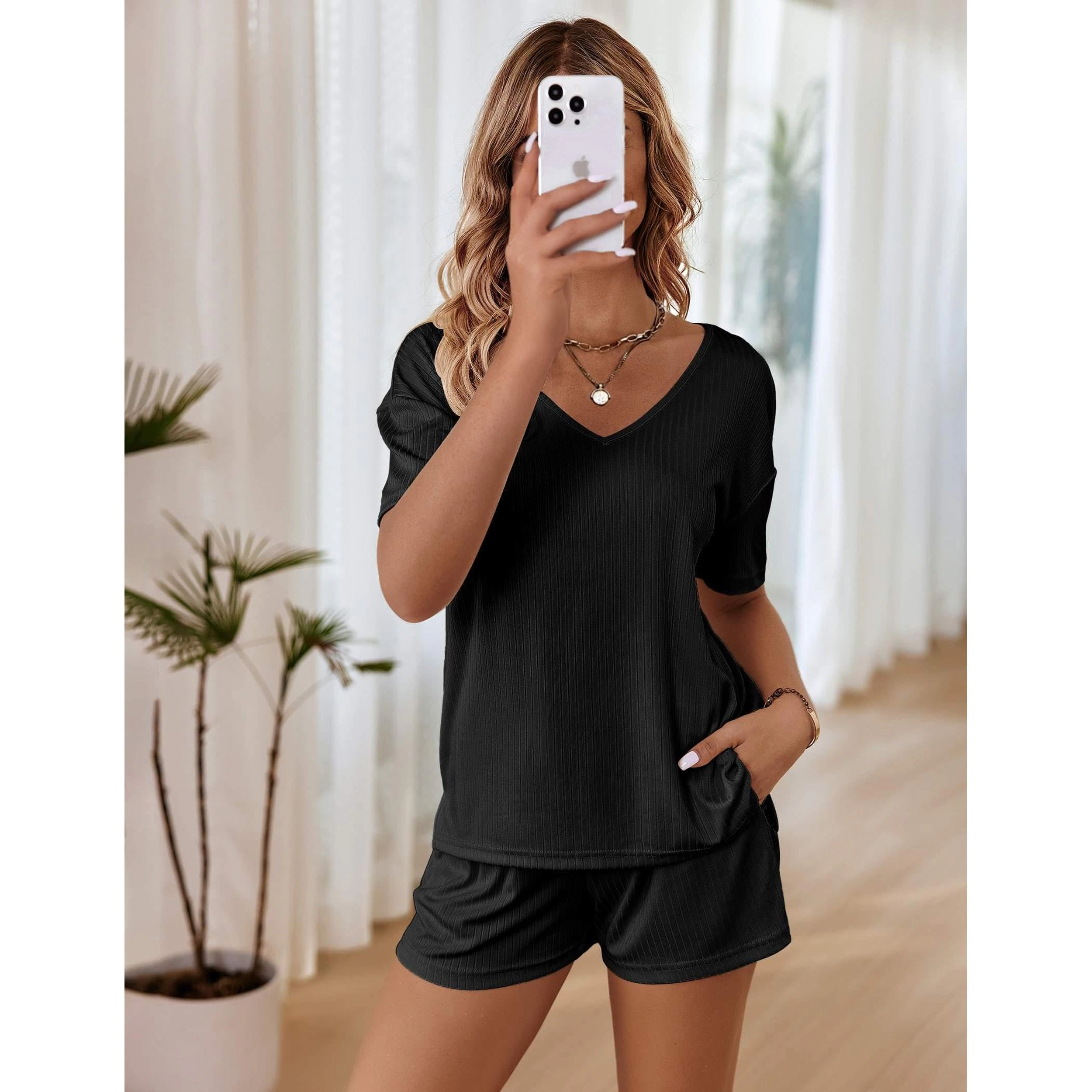 Ekouaer Womens Ribbed Knit Lounge Set Short Sleeve Top and Shorts Sleepwear Pajama