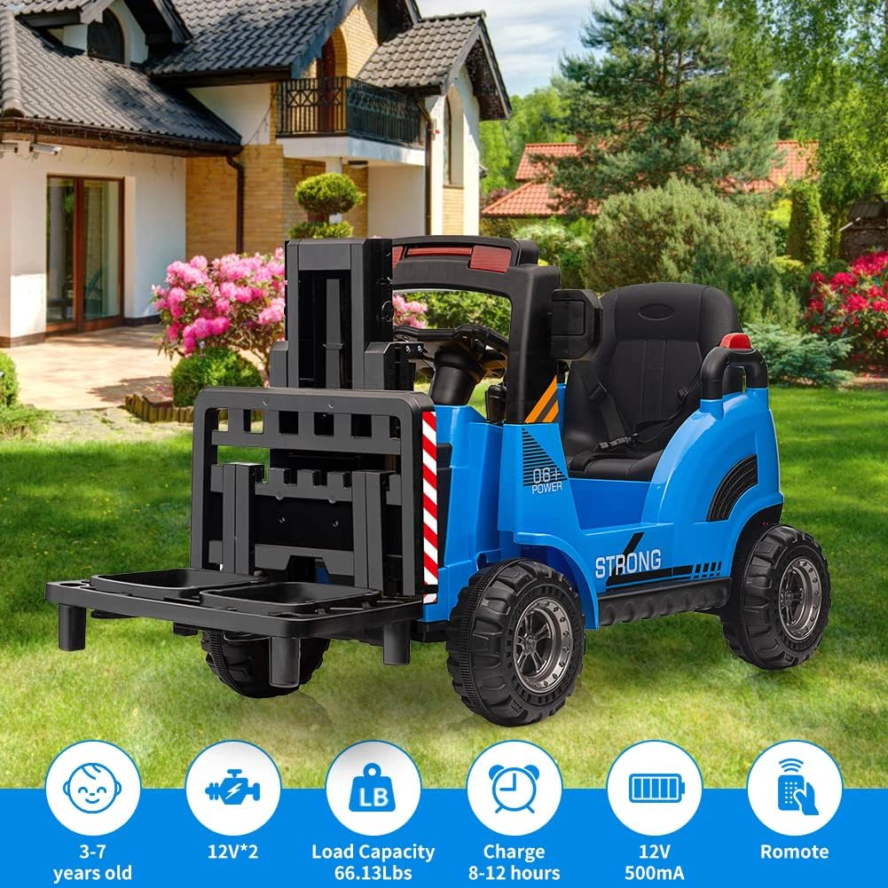 12V Kids Ride On Forklift Car, Electric Toy w/Remote, Liftable Fork & Pallet, 2 Speeds, Music, USB Seat Belt